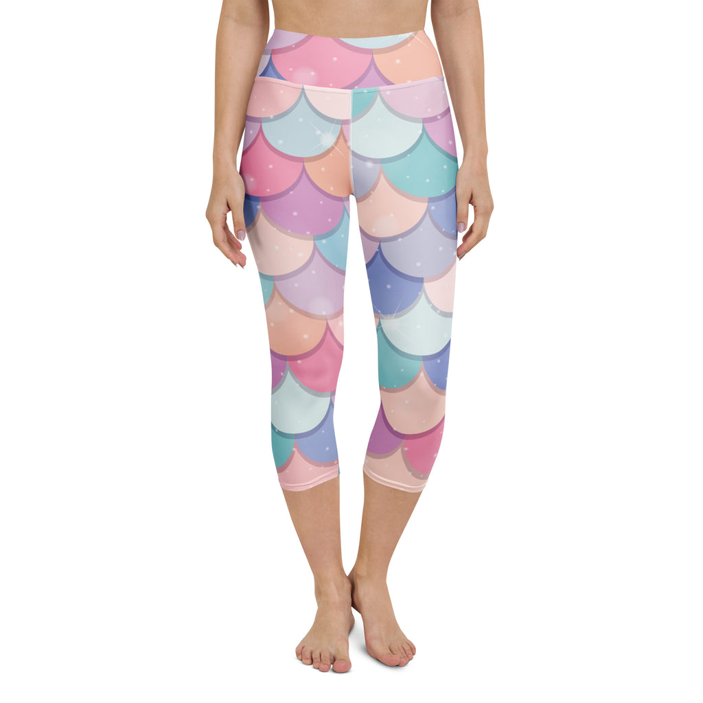 Women’s high-rise pastel mermaid scale capri leggings with buttery soft moisture-wicking stretch fabric
