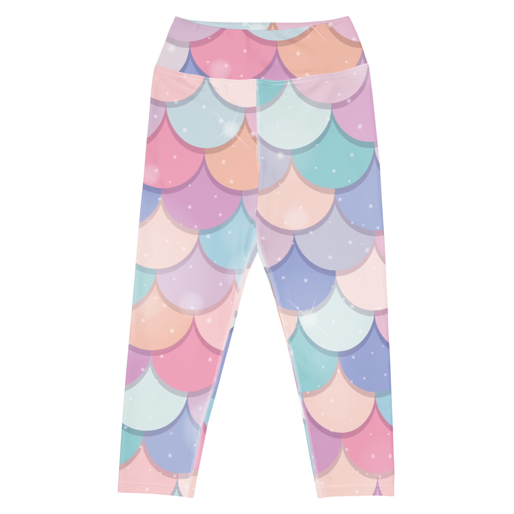 Women’s pastel rainbow mermaid-scale high-rise buttery soft yoga capri leggings with moisture-wicking stretch fabric