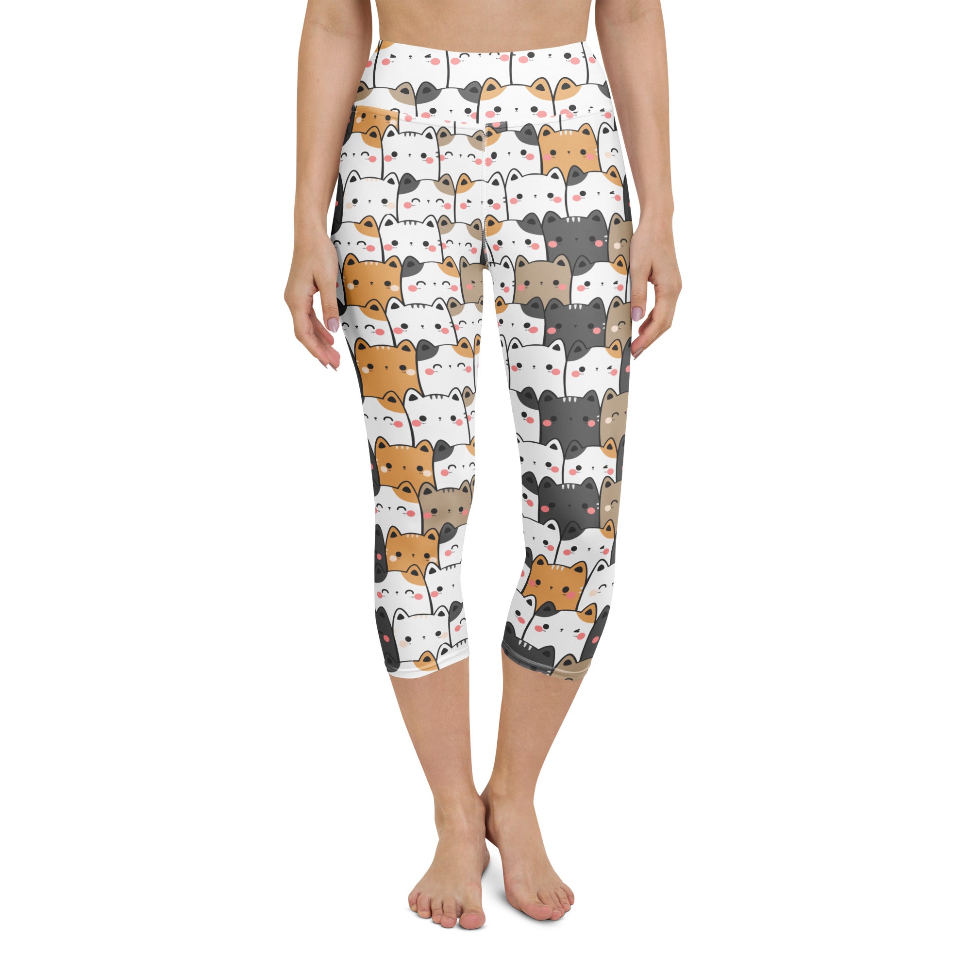 White capri leggings with kawaii multicolor cartoon cats featuring high-rise, moisture-wicking soft stretch fabric