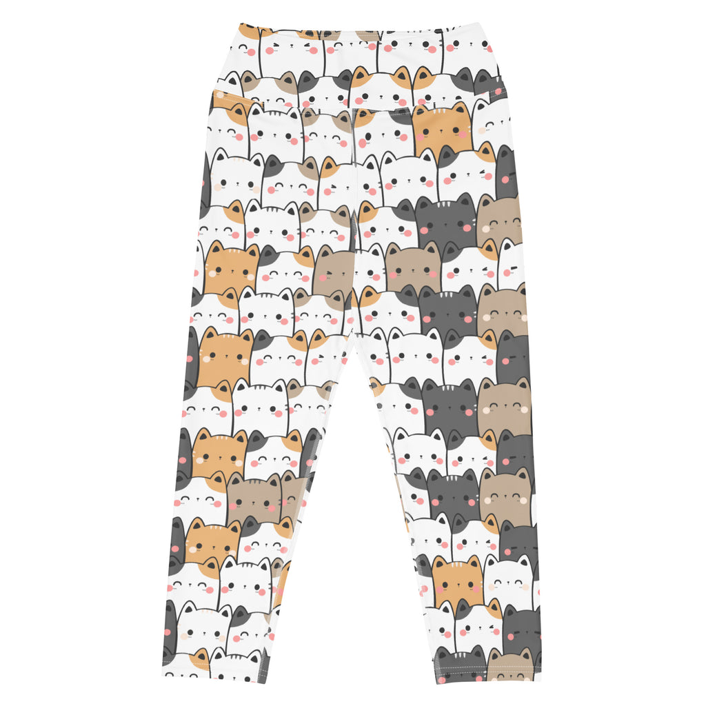 White kawaii cat buttery soft high-rise yoga capri leggings with colorful cartoon cats and moisture-wicking fabric