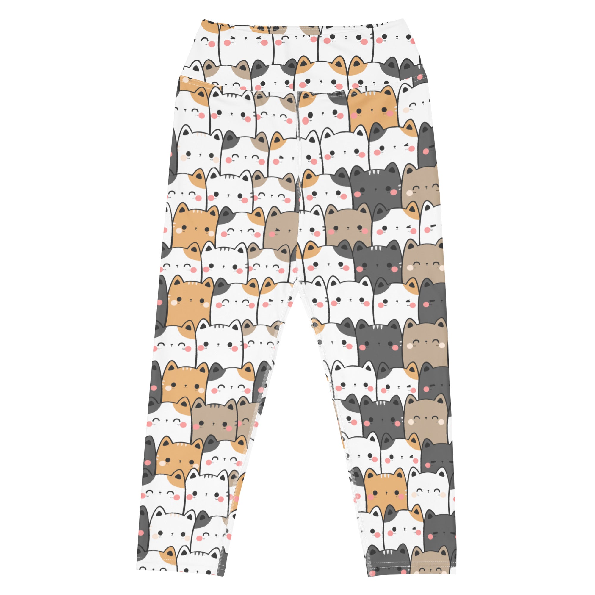 White kawaii cat buttery soft high-rise yoga capri leggings with colorful cartoon cats and moisture-wicking fabric