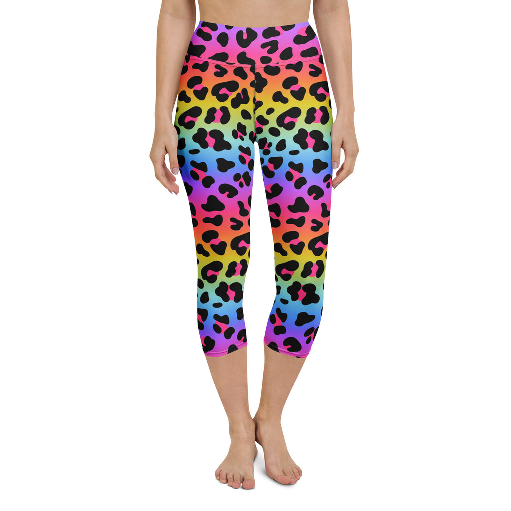 Women’s rainbow gradient leopard print buttery soft high-rise yoga capri leggings with moisture-wicking stretch