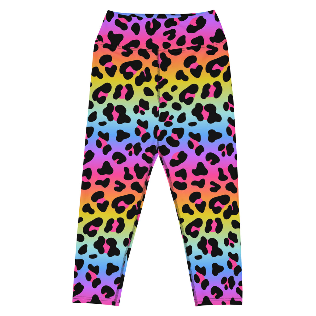 Women’s high-rise rainbow leopard print buttery soft yoga capri leggings with black spots and moisture-wicking fabric