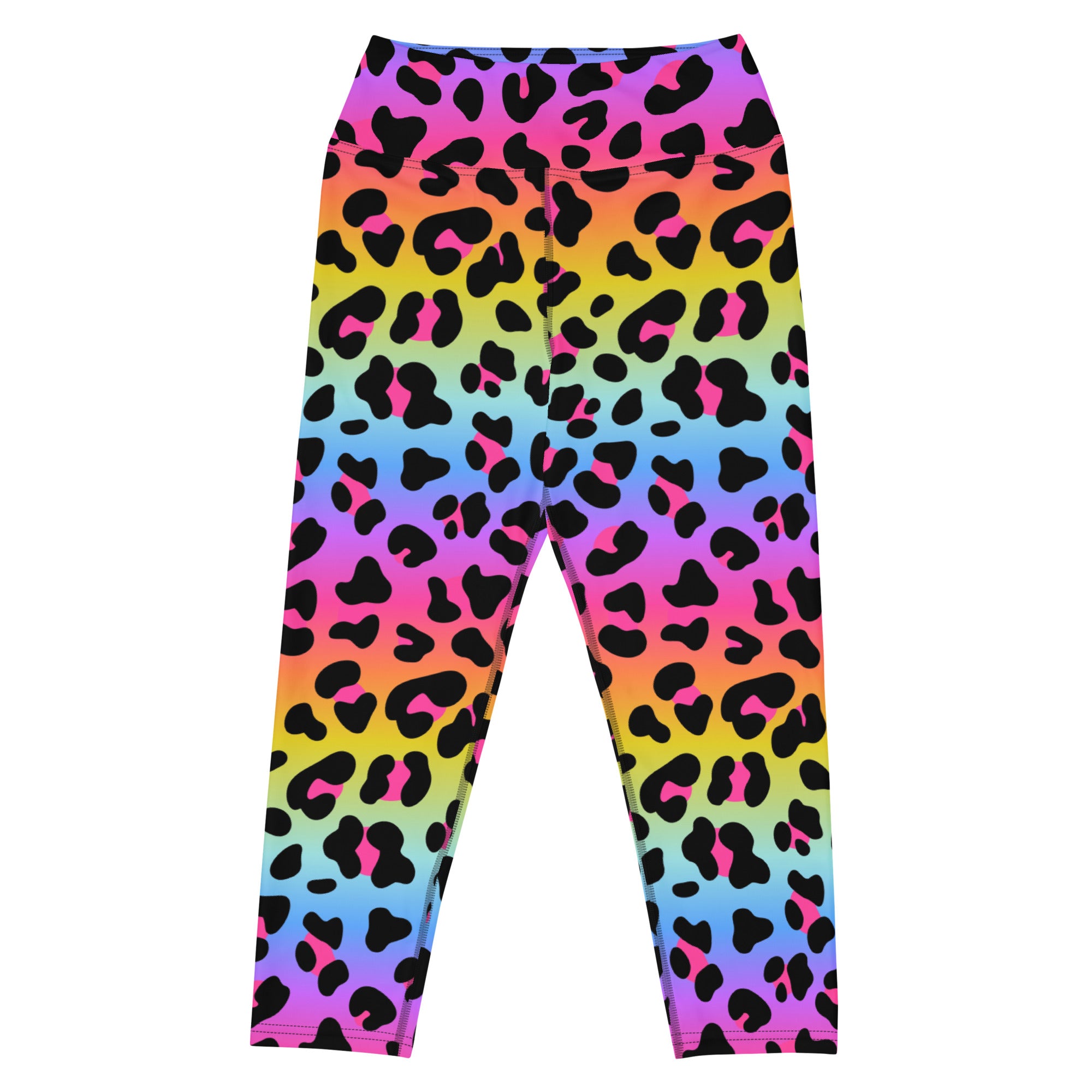 Women’s high-rise rainbow leopard print buttery soft yoga capri leggings with black spots and moisture-wicking fabric