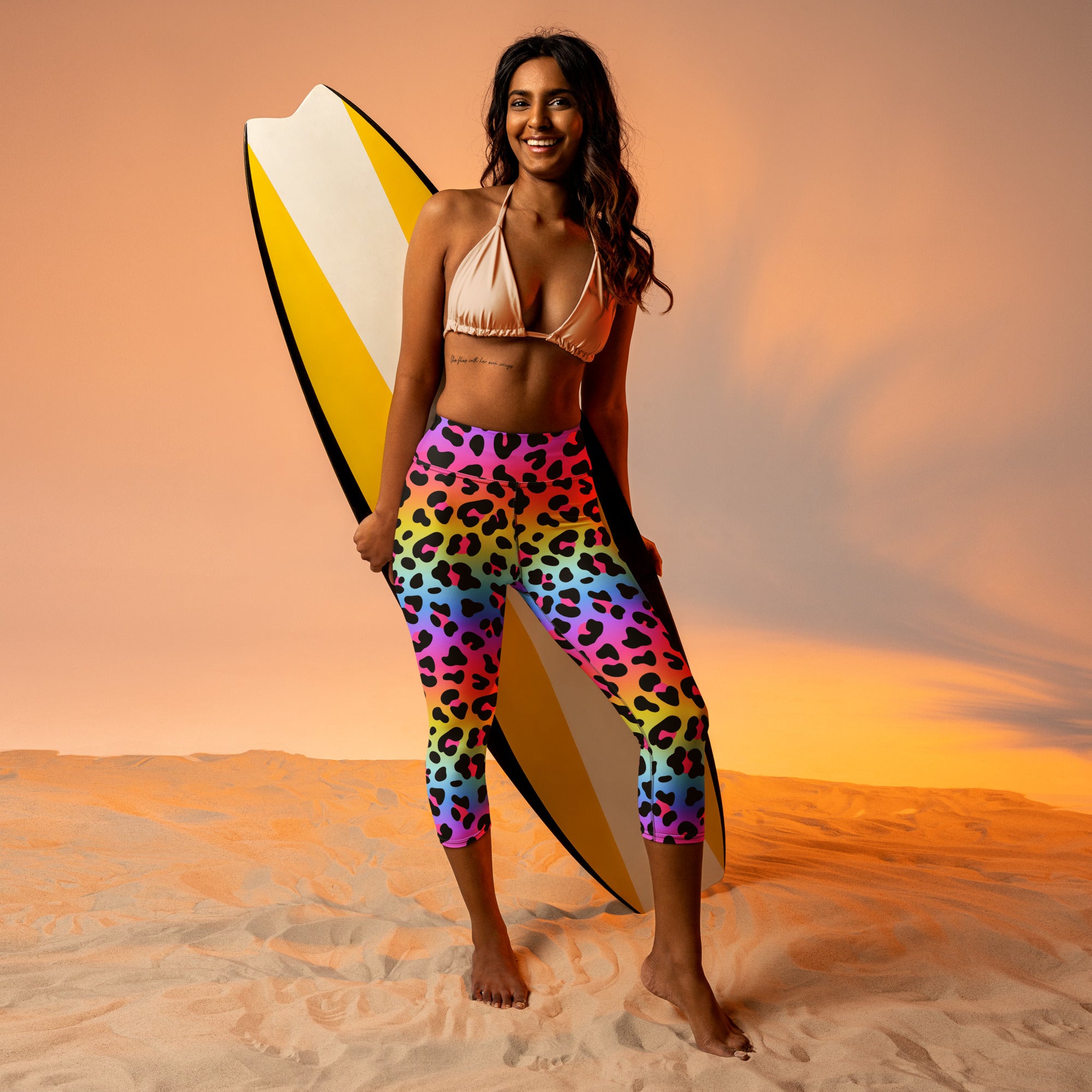 Women’s rainbow leopard high-rise buttery soft yoga capri leggings with moisture-wicking soft stretch fabric