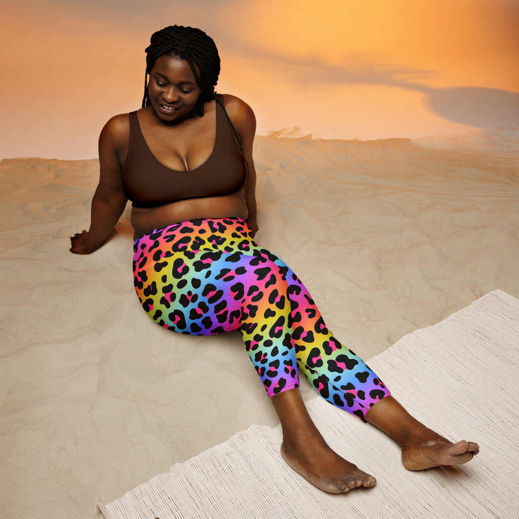 Women’s rainbow leopard buttery soft yoga capri leggings with high-rise moisture-wicking stretch fabric