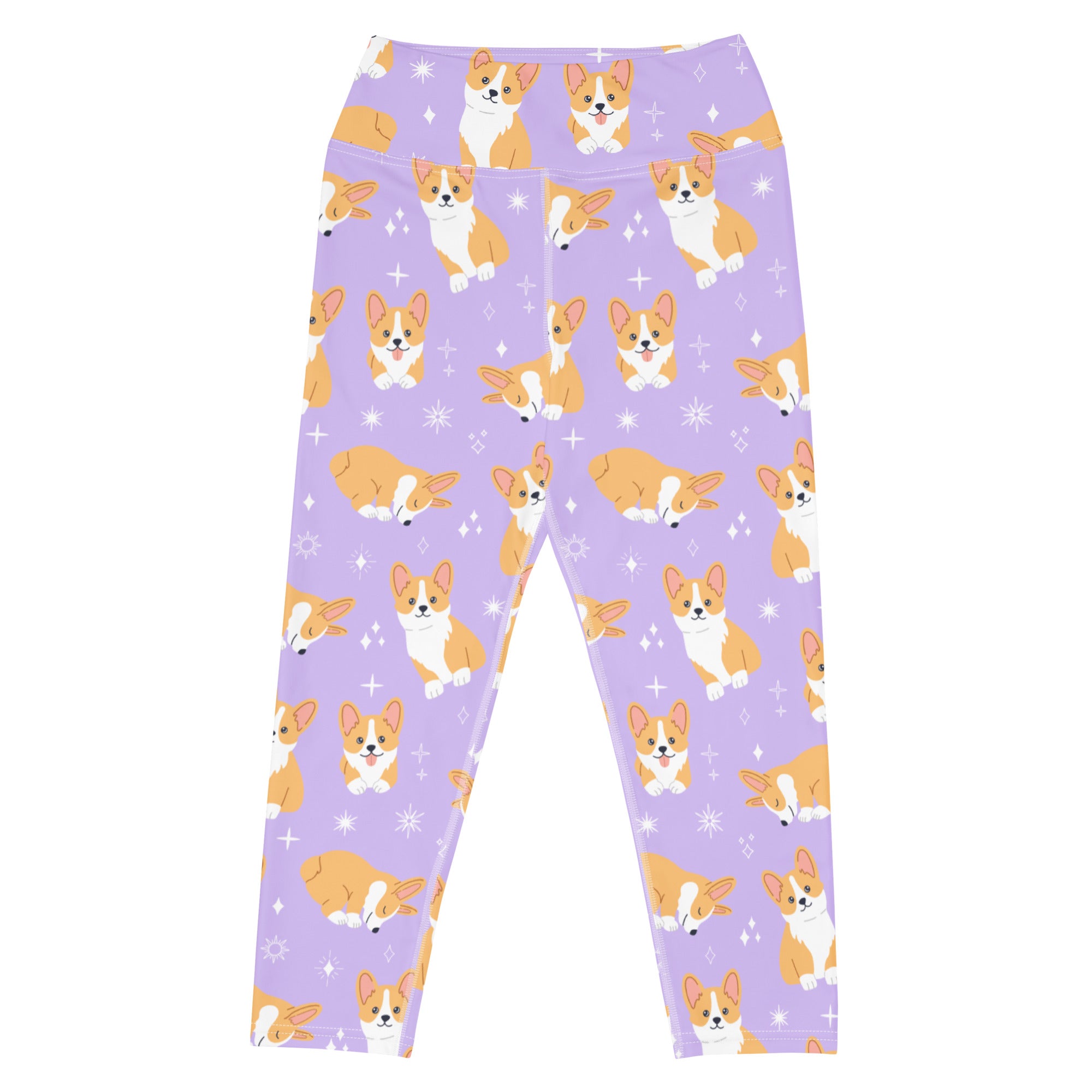 Women’s purple corgi dog buttery soft yoga capri leggings with orange and white corgi pattern and star sparkles