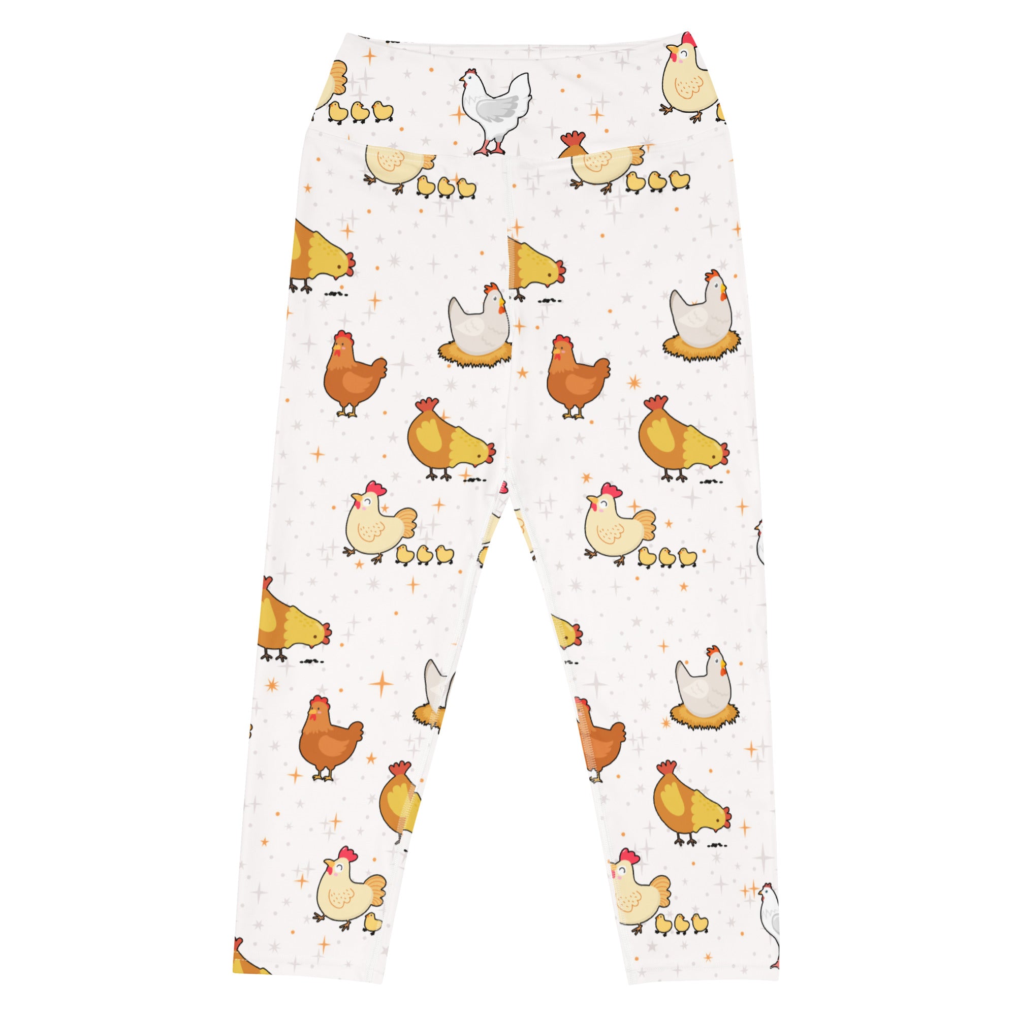 White high-rise buttery soft yoga capri leggings with moisture-wicking fabric featuring cartoon chickens and chicks pattern