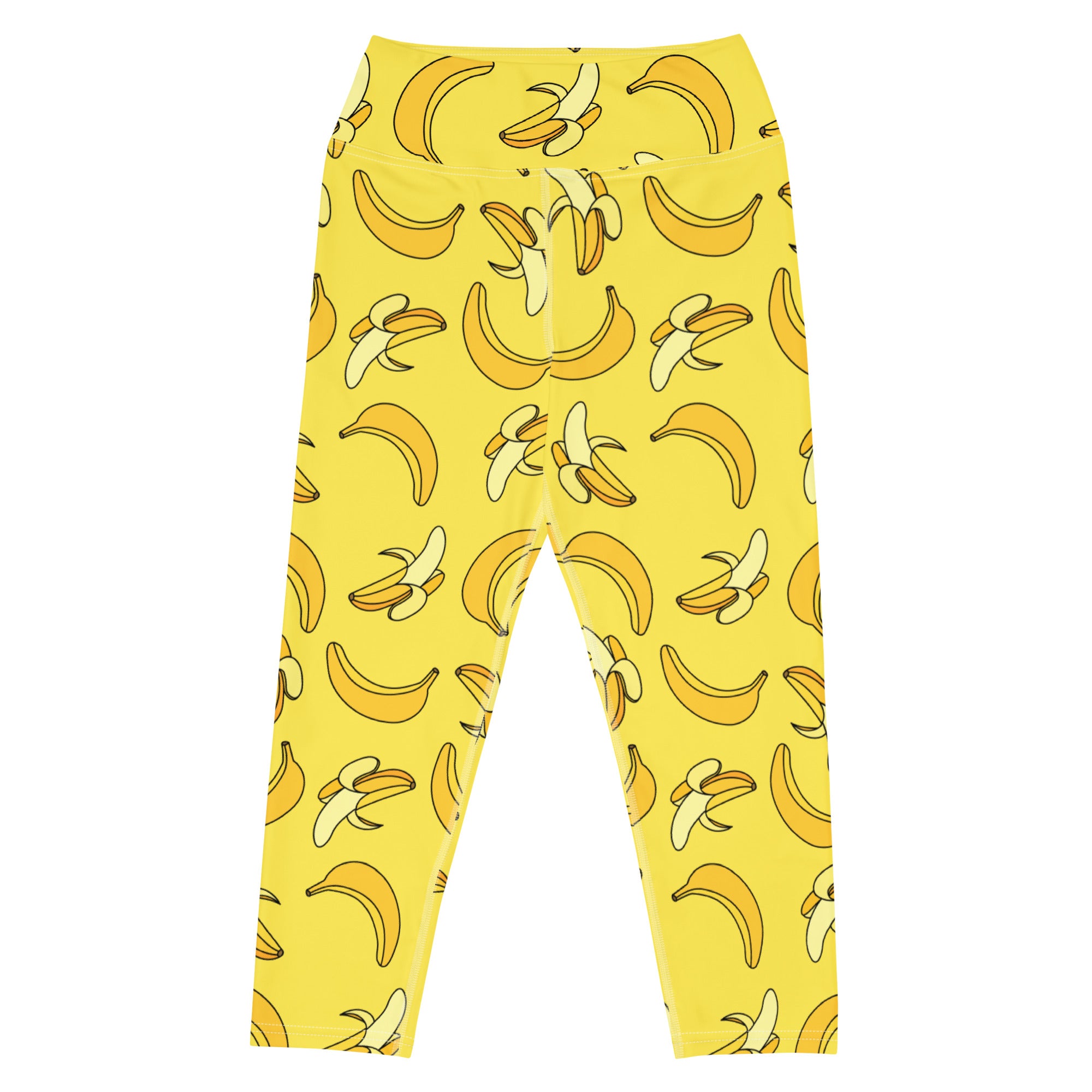 Women’s yellow buttery soft high-rise yoga capri leggings with playful cartoon banana pattern and moisture-wicking fabric