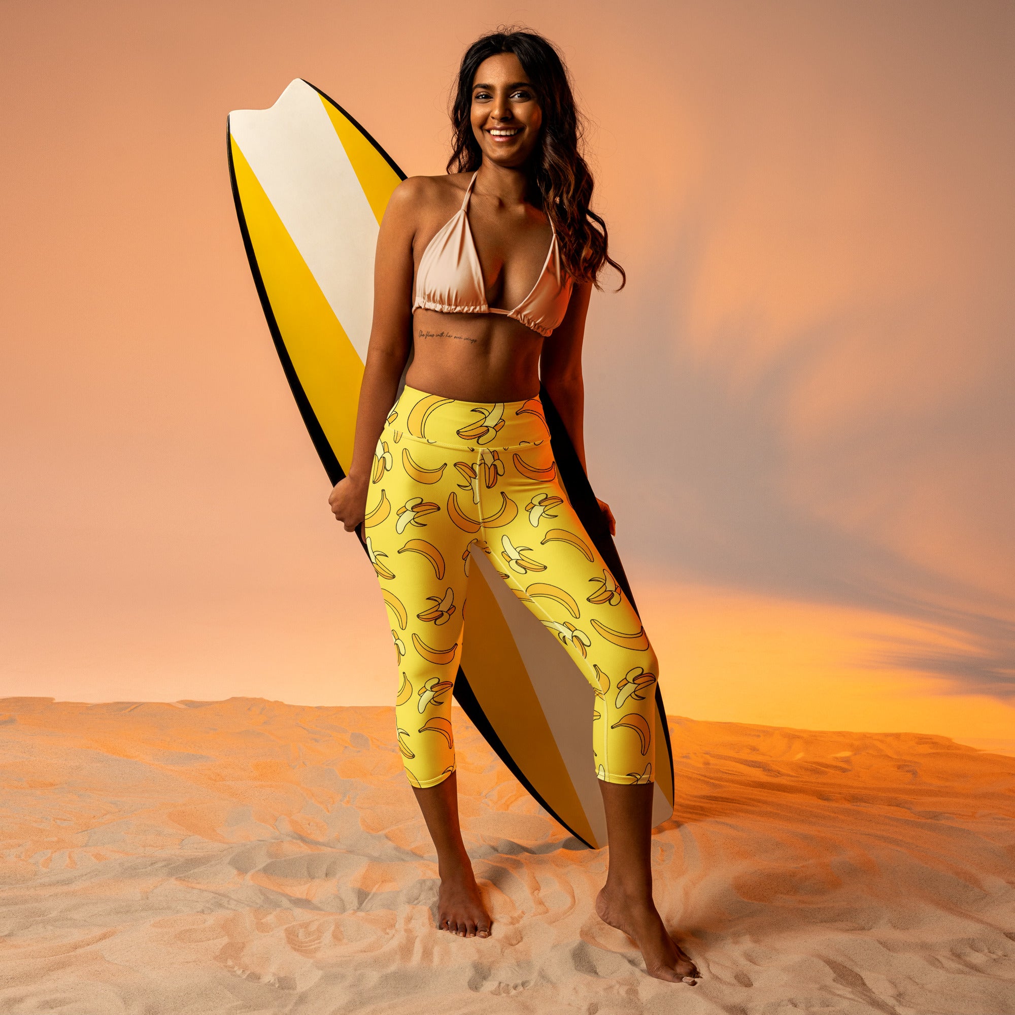 Women’s yellow banana buttery soft high-rise yoga capri leggings with moisture-wicking stretch fabric
