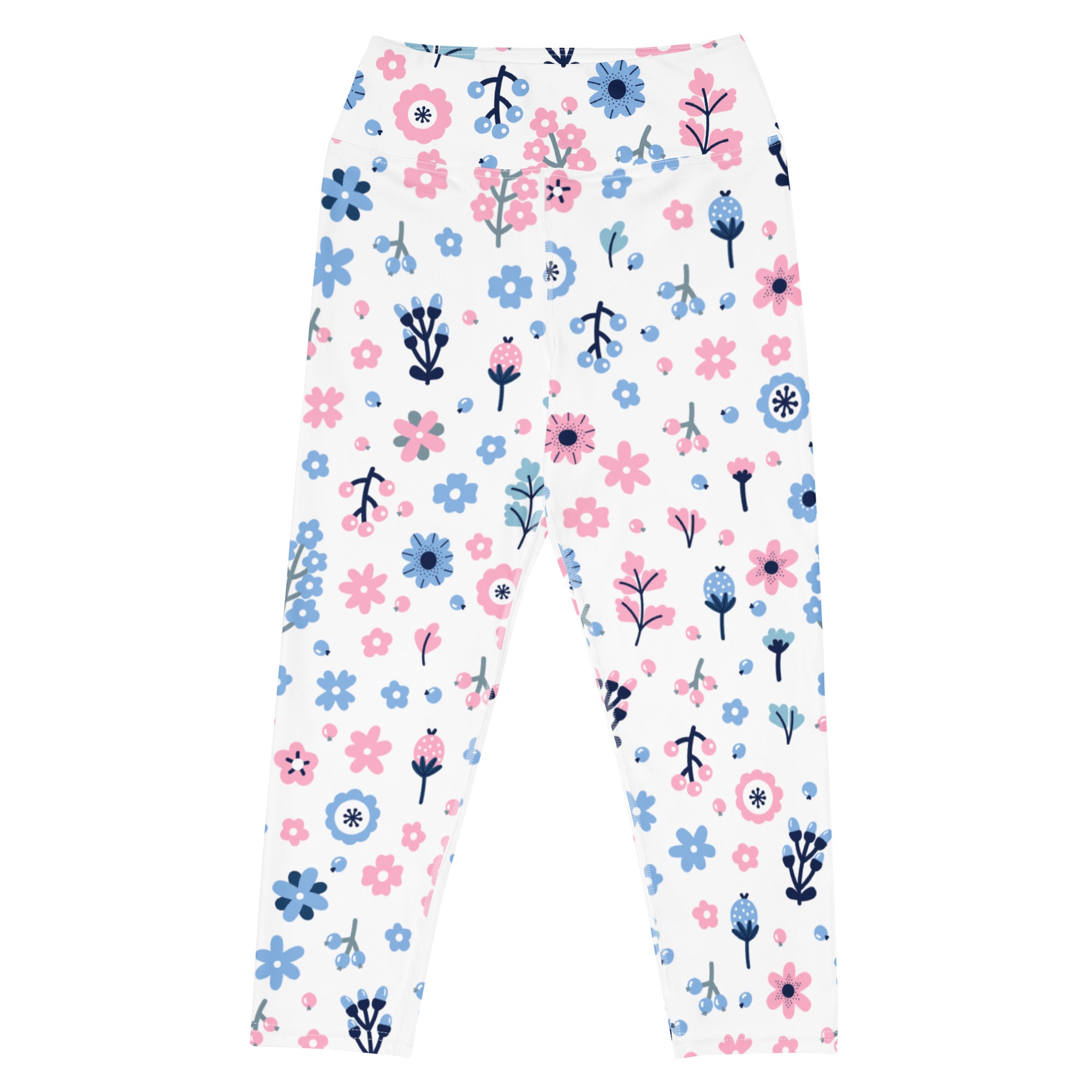 White high-rise buttery soft yoga capri leggings with pink and blue floral pattern and moisture-wicking stretch fabric
