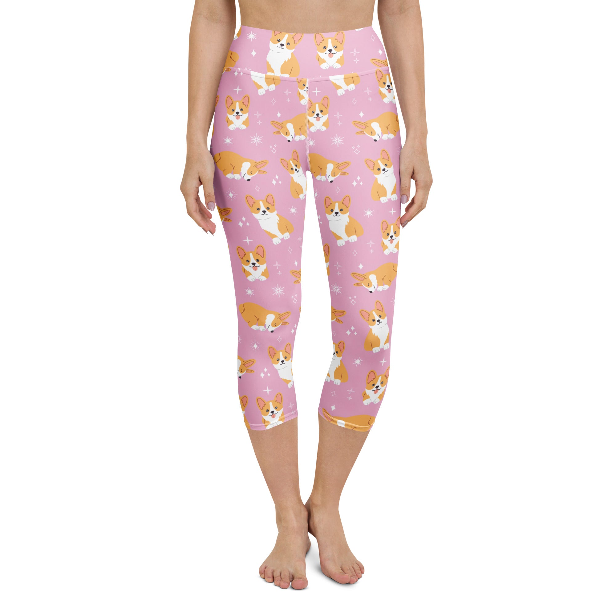 Women's Pink Corgi Dog Buttery Soft Yoga Capri Leggings – High-Rise, Moisture-Wicking, Soft Stretch Activewear Pants