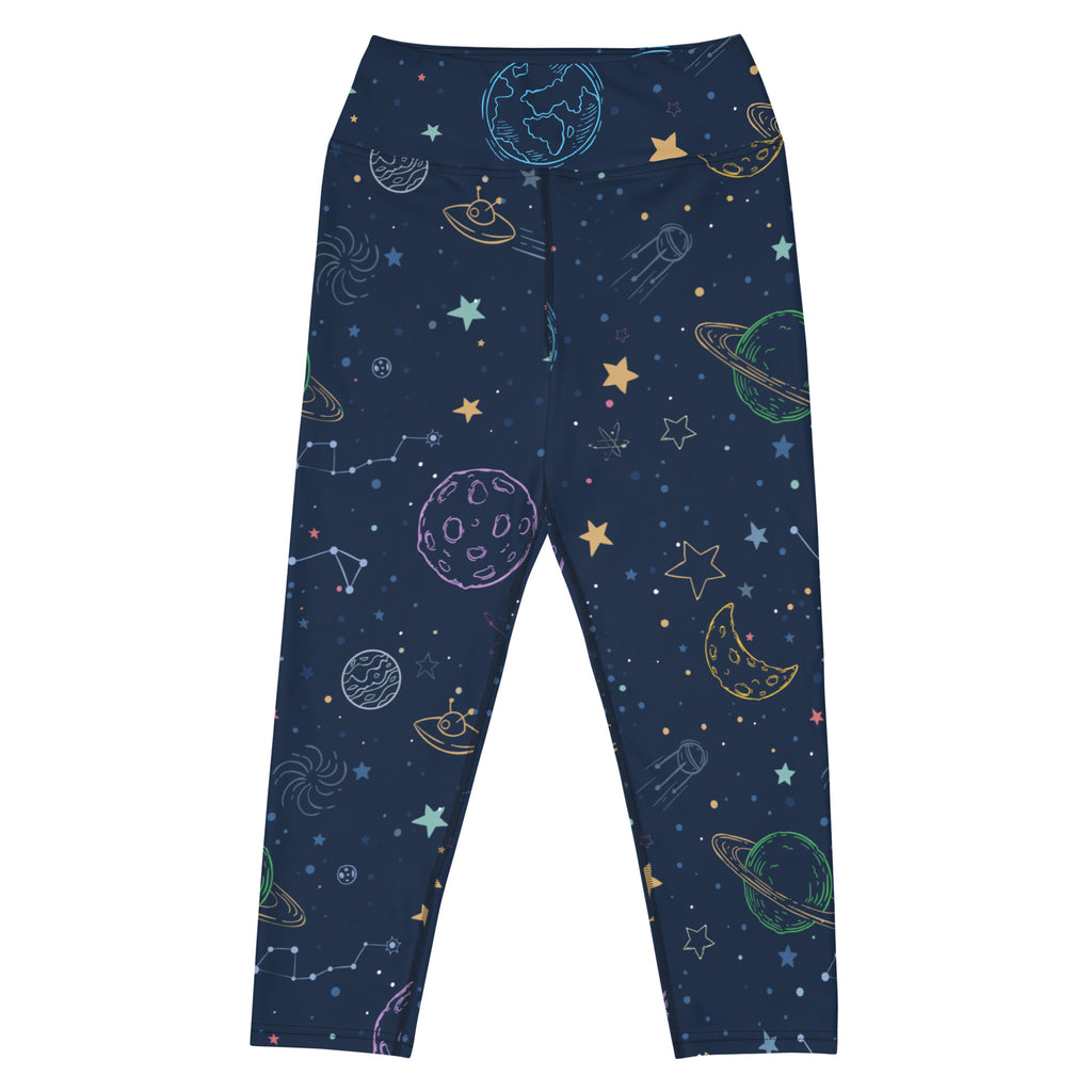 Women’s dark blue high-rise moisture-wicking galaxy space leggings with colorful planets and ufos in soft stretch fabric
