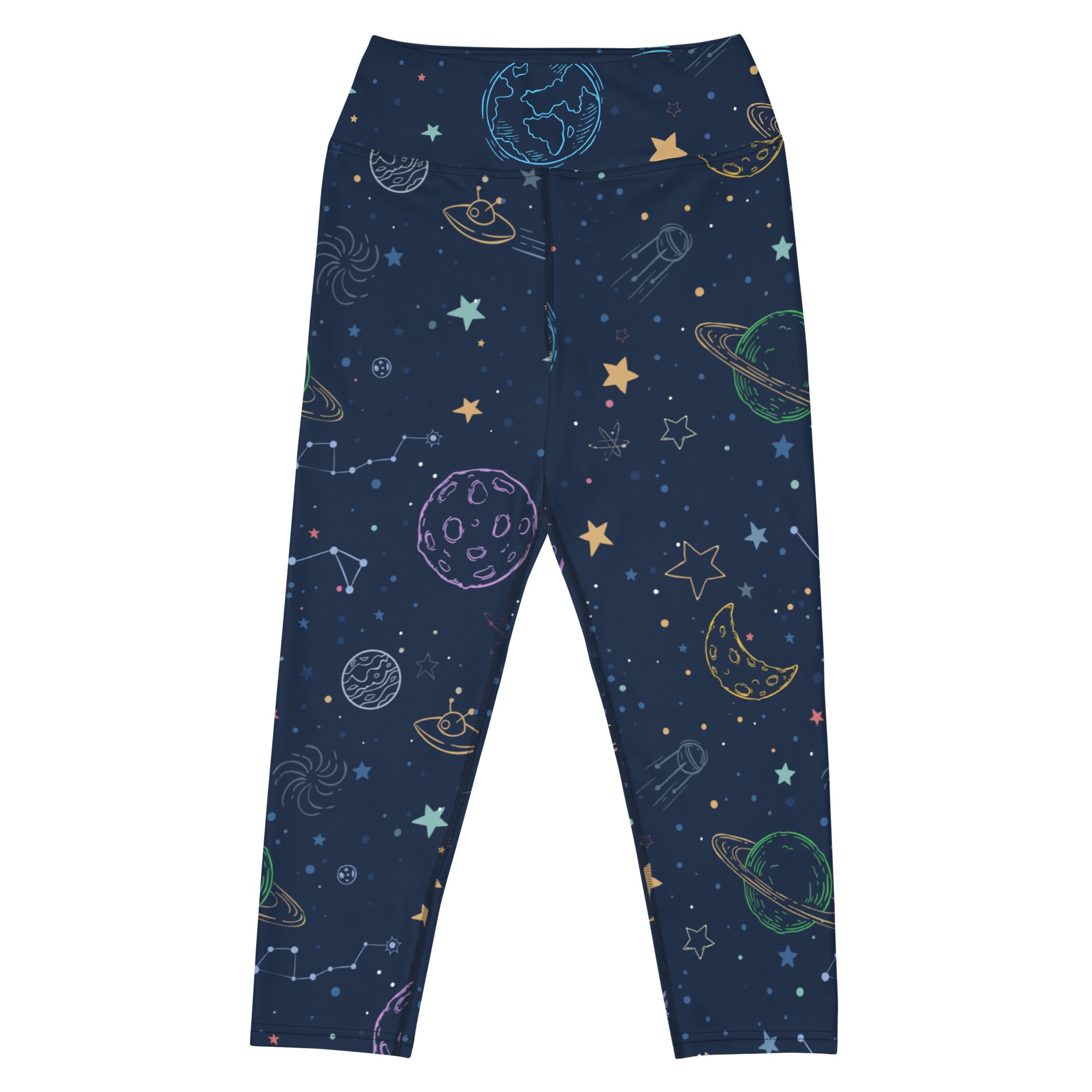 Women’s dark blue high-rise moisture-wicking galaxy space leggings with colorful planets and ufos in soft stretch fabric
