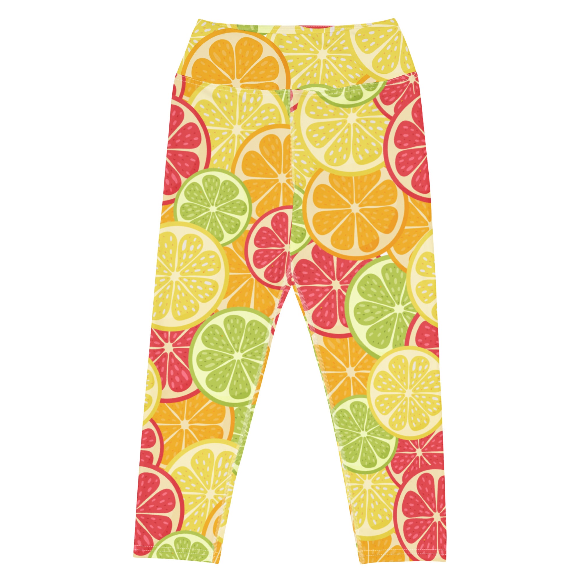 Women’s high-rise buttery soft yoga capri leggings with colorful citrus fruit slice pattern in yellow green and pink
