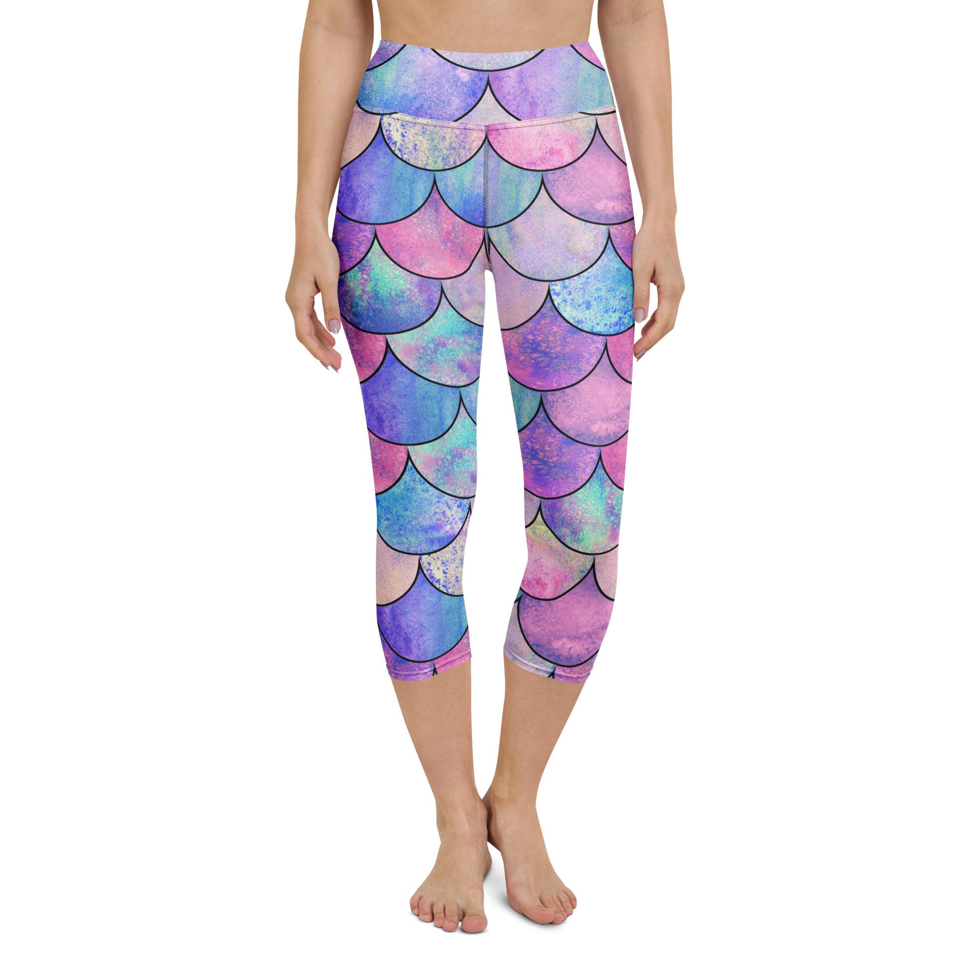 Women's Pastel Mermaid Scales Buttery Soft Yoga Capri Leggings – High-Rise, Moisture-Wicking, Soft Stretch Activewear Pants