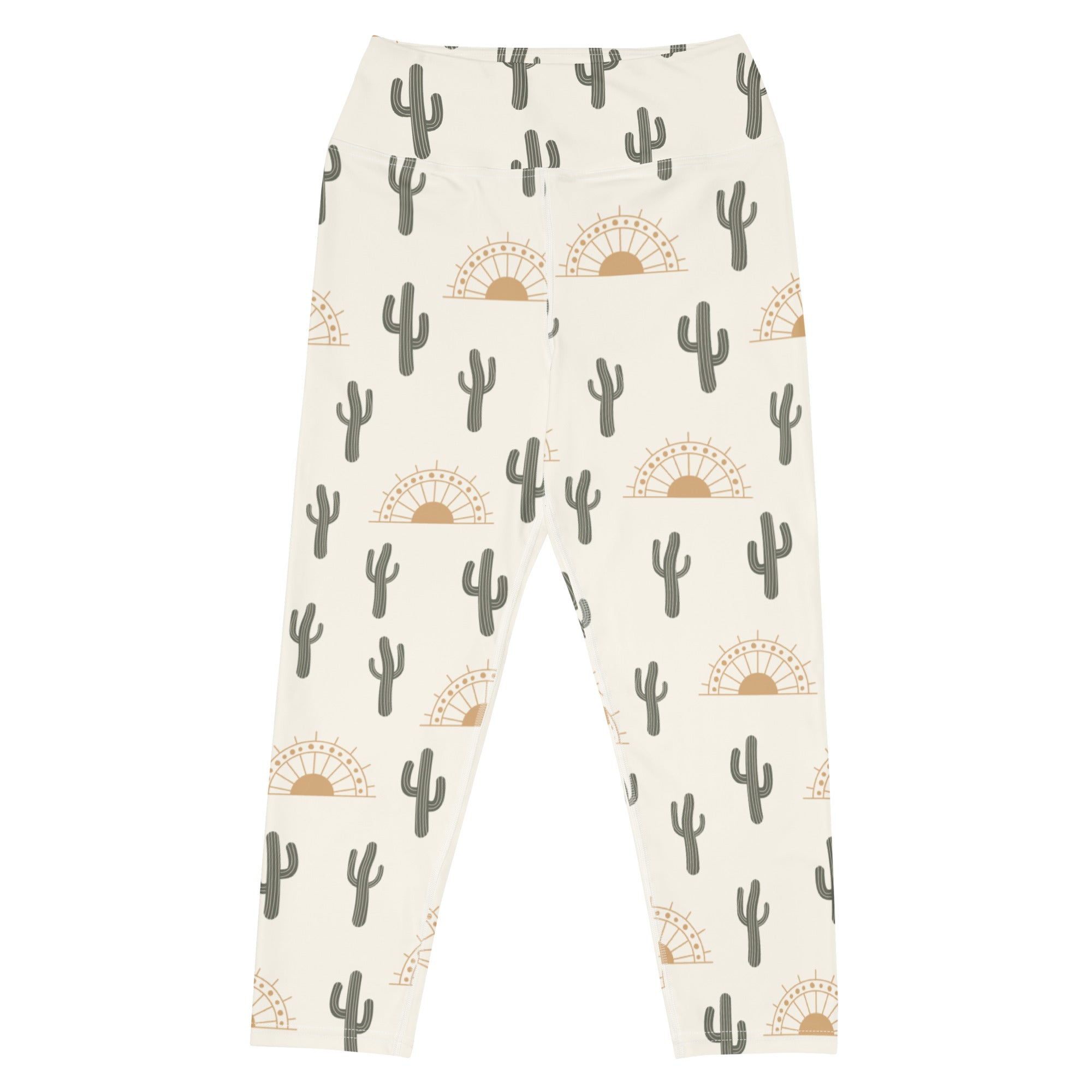 Women’s cream-colored buttery soft high-rise yoga capri leggings with gray cactus and tan sunset pattern