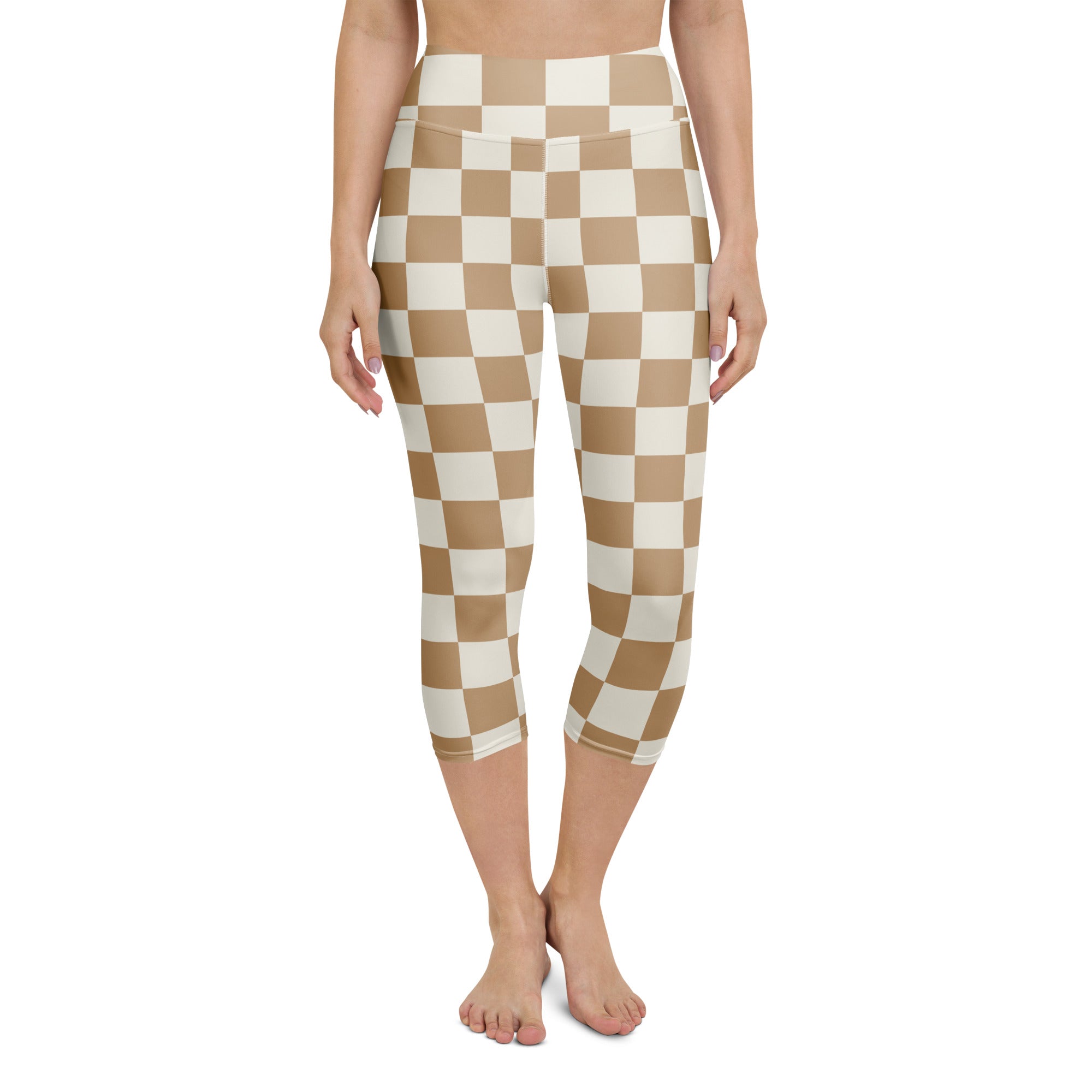 Women’s high-rise beige and white checkered buttery soft yoga capri leggings with moisture-wicking stretch fabric