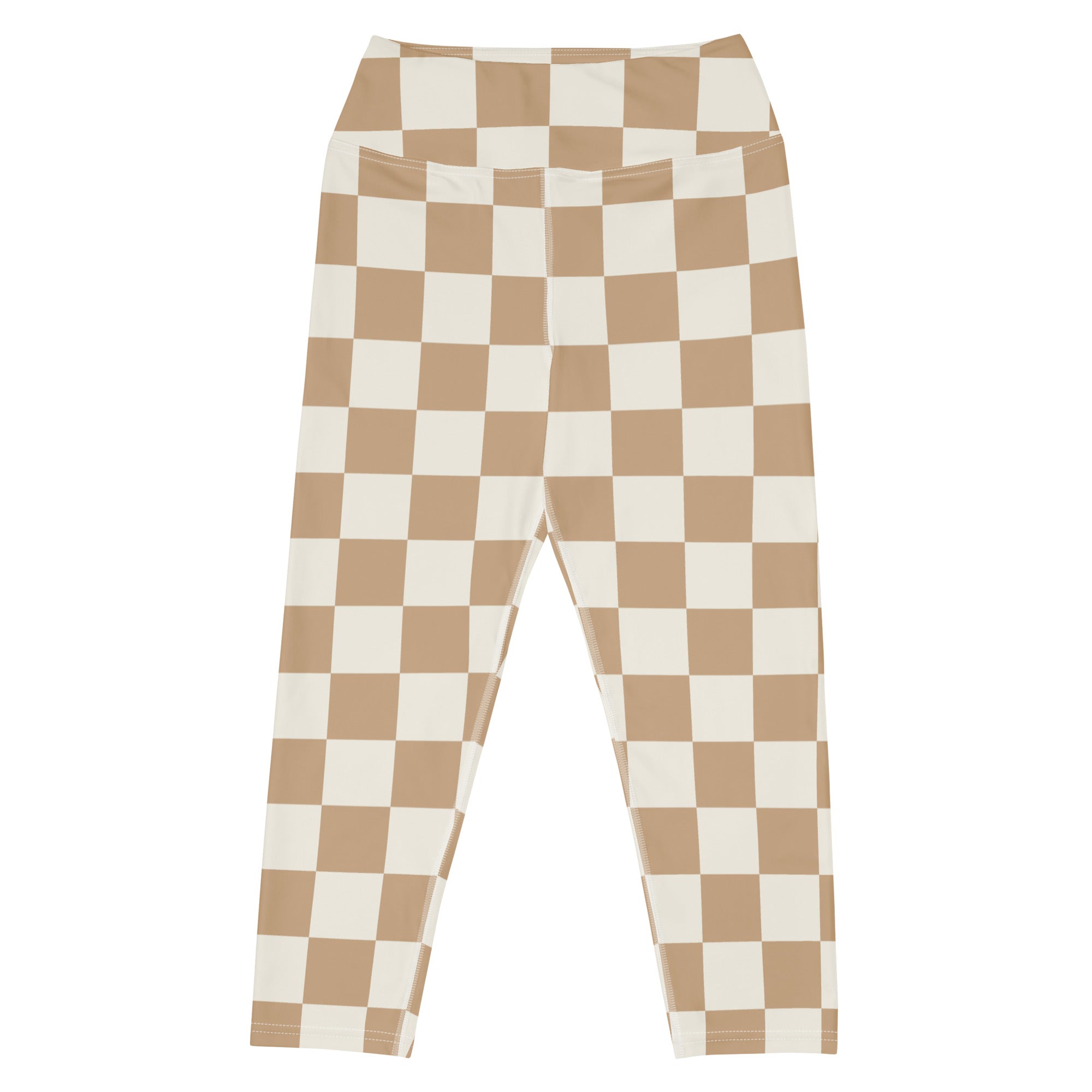 Women’s neutral tan and cream checkered buttery soft high-rise moisture-wicking yoga capri leggings