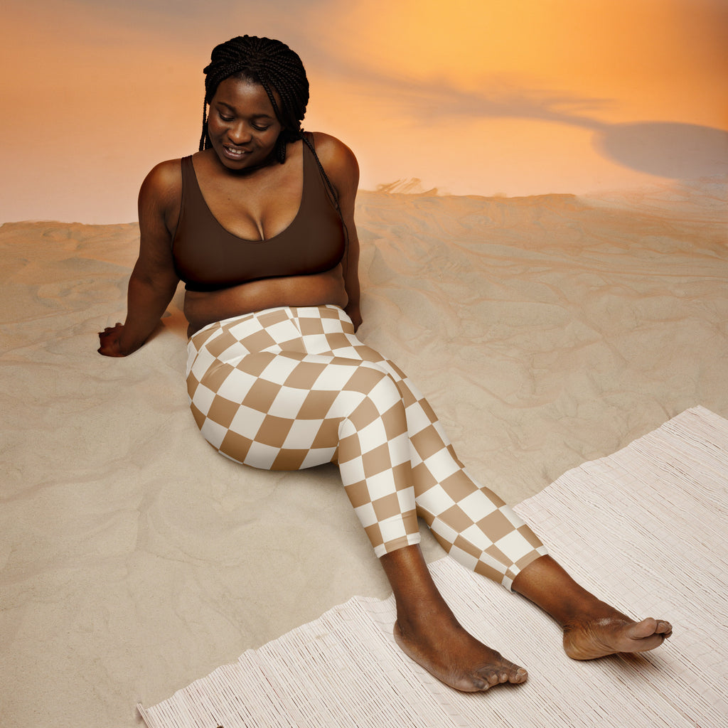 Women’s high-rise brown and cream checkered buttery soft yoga capri leggings with moisture-wicking stretch fabric
