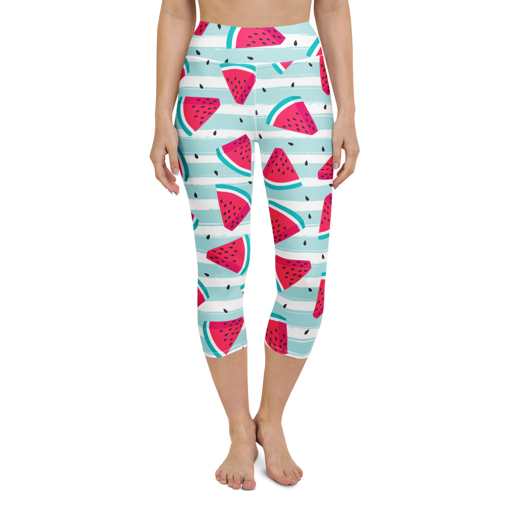Women’s watermelon stripe buttery soft yoga capri leggings with vibrant pink and teal striped pattern front view