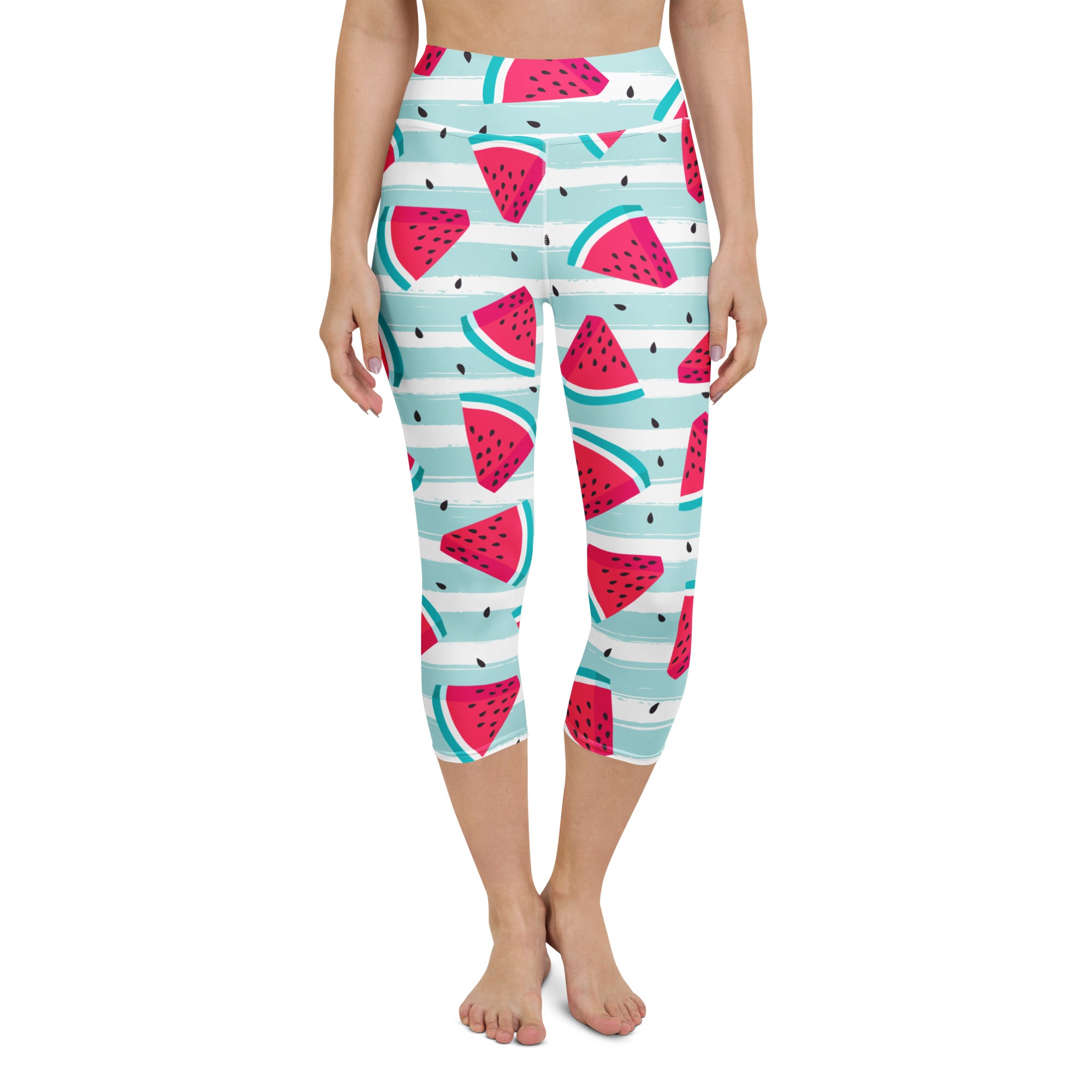 Women’s watermelon stripe buttery soft yoga capri leggings with vibrant pink and teal striped pattern front view