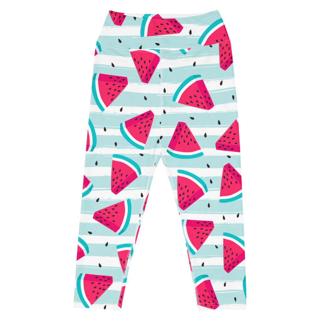 Women’s watermelon stripe buttery soft high-rise yoga capri leggings with vibrant pink and teal stripes