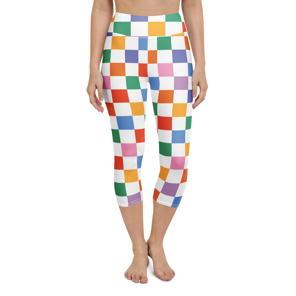 Women’s colorful checkered buttery soft yoga capri leggings with vibrant rainbow pattern high-rise moisture-wicking