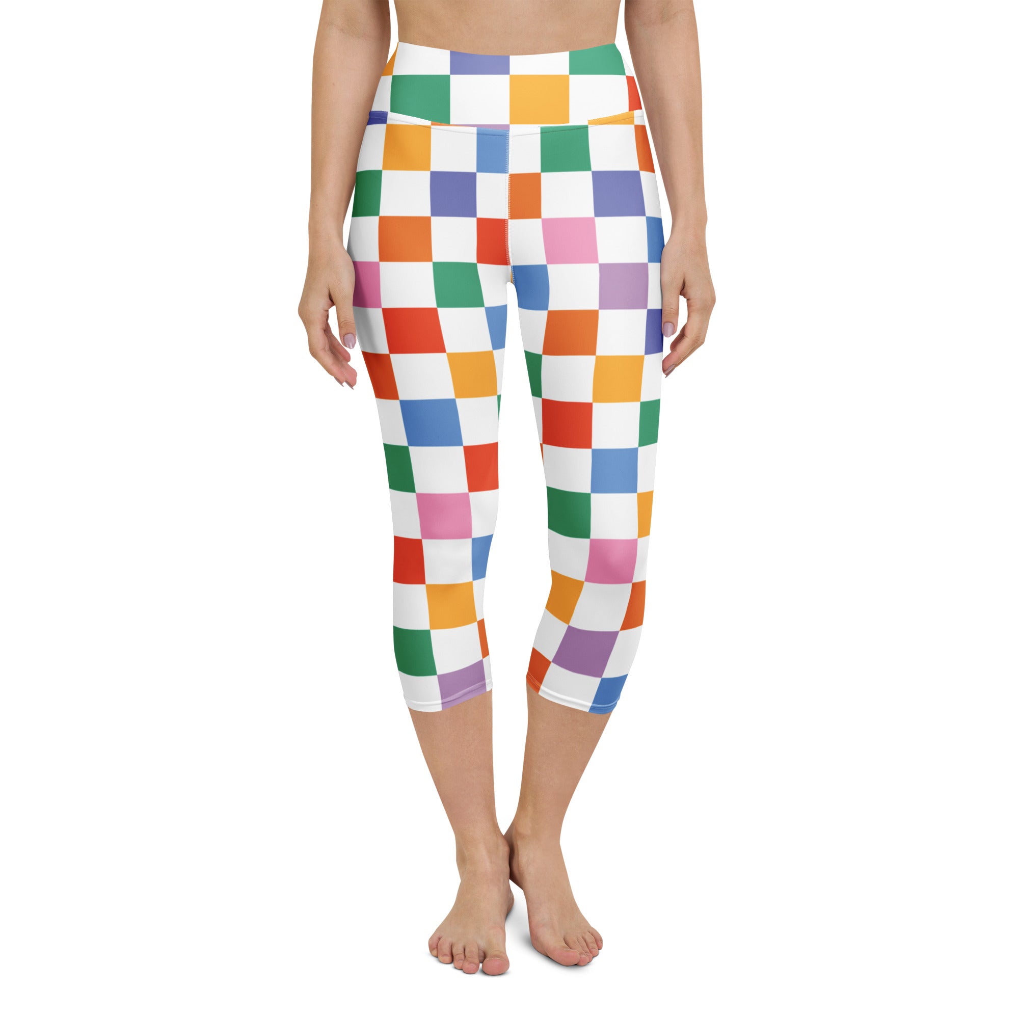 Women’s colorful checkered buttery soft yoga capri leggings with vibrant rainbow pattern high-rise moisture-wicking