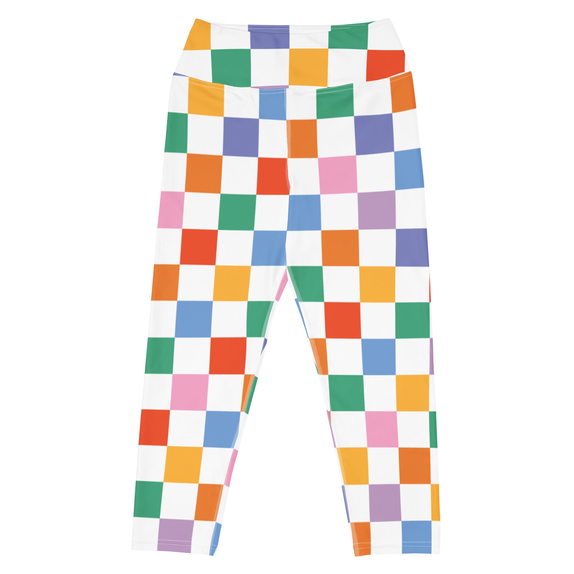 Women’s colorful checkered buttery soft high-rise yoga capri leggings with vibrant multicolored squares on white background