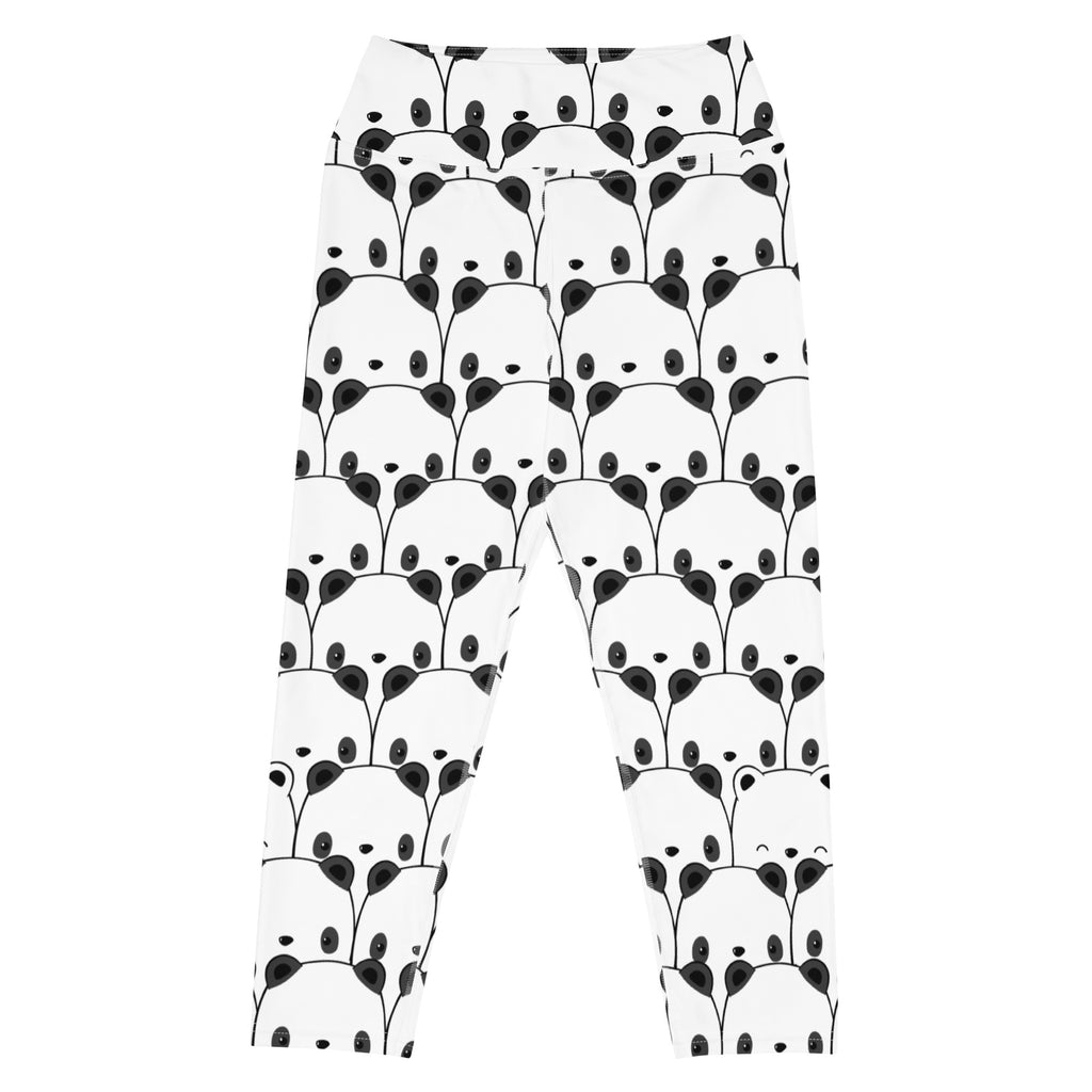 White buttery soft high-rise yoga capri leggings with black cartoon panda pattern moisture-wicking stretch