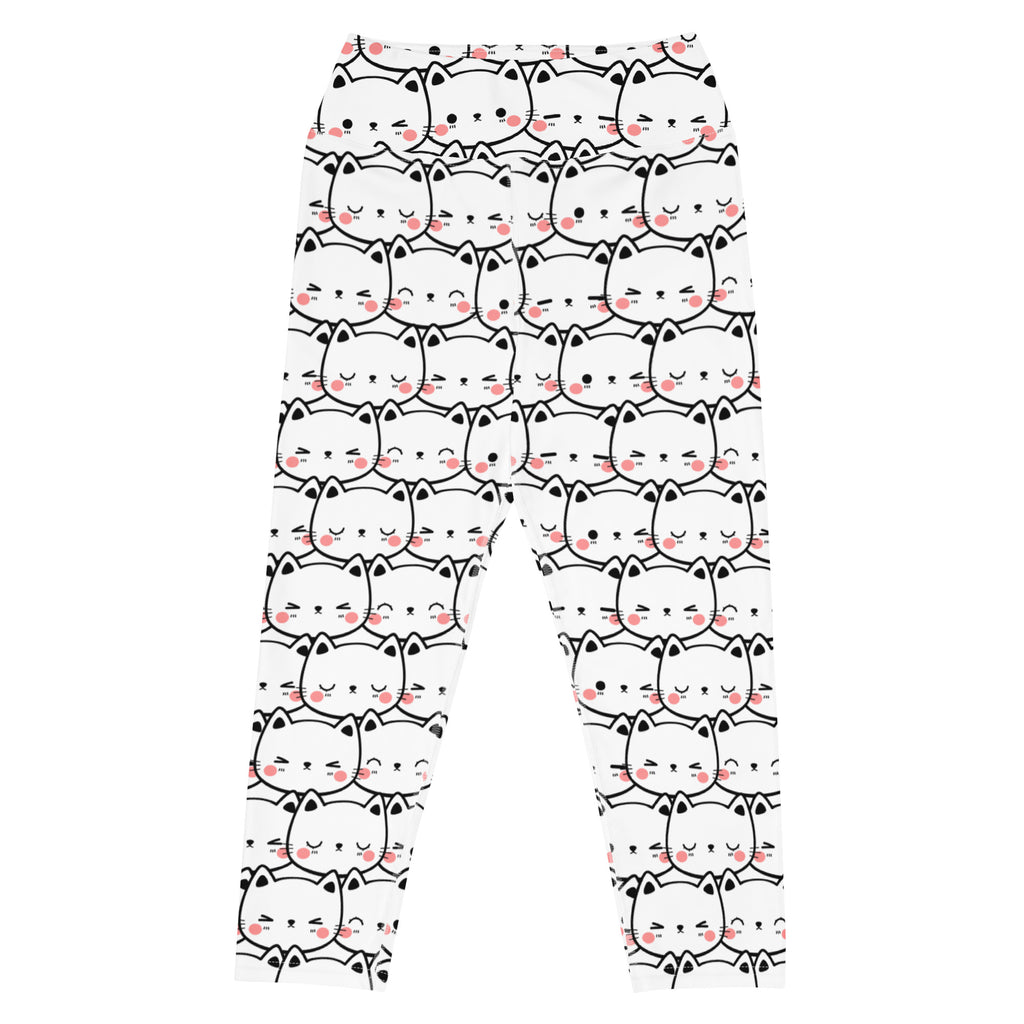 Women’s white buttery soft yoga capri leggings with black outlined cartoon cats and pink blush cheeks high rise