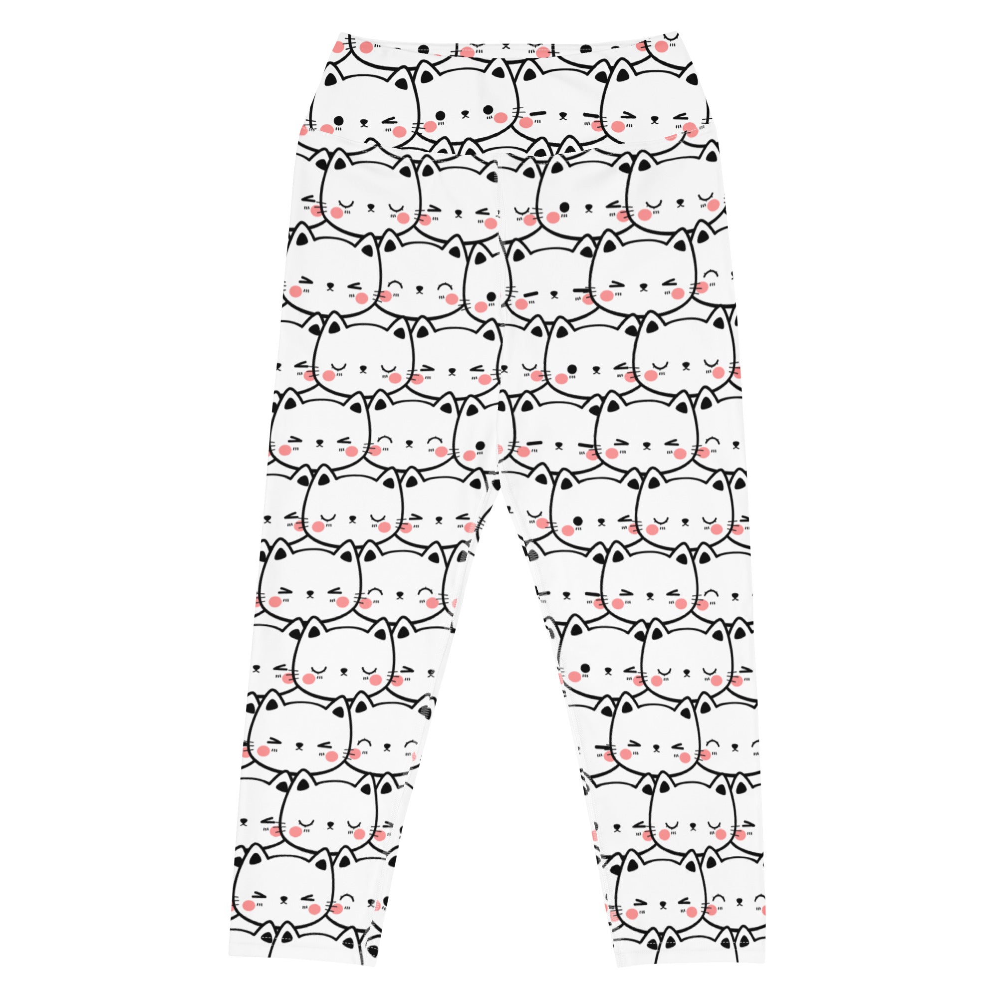 Women’s white buttery soft yoga capri leggings with black outlined cartoon cats and pink blush cheeks high rise
