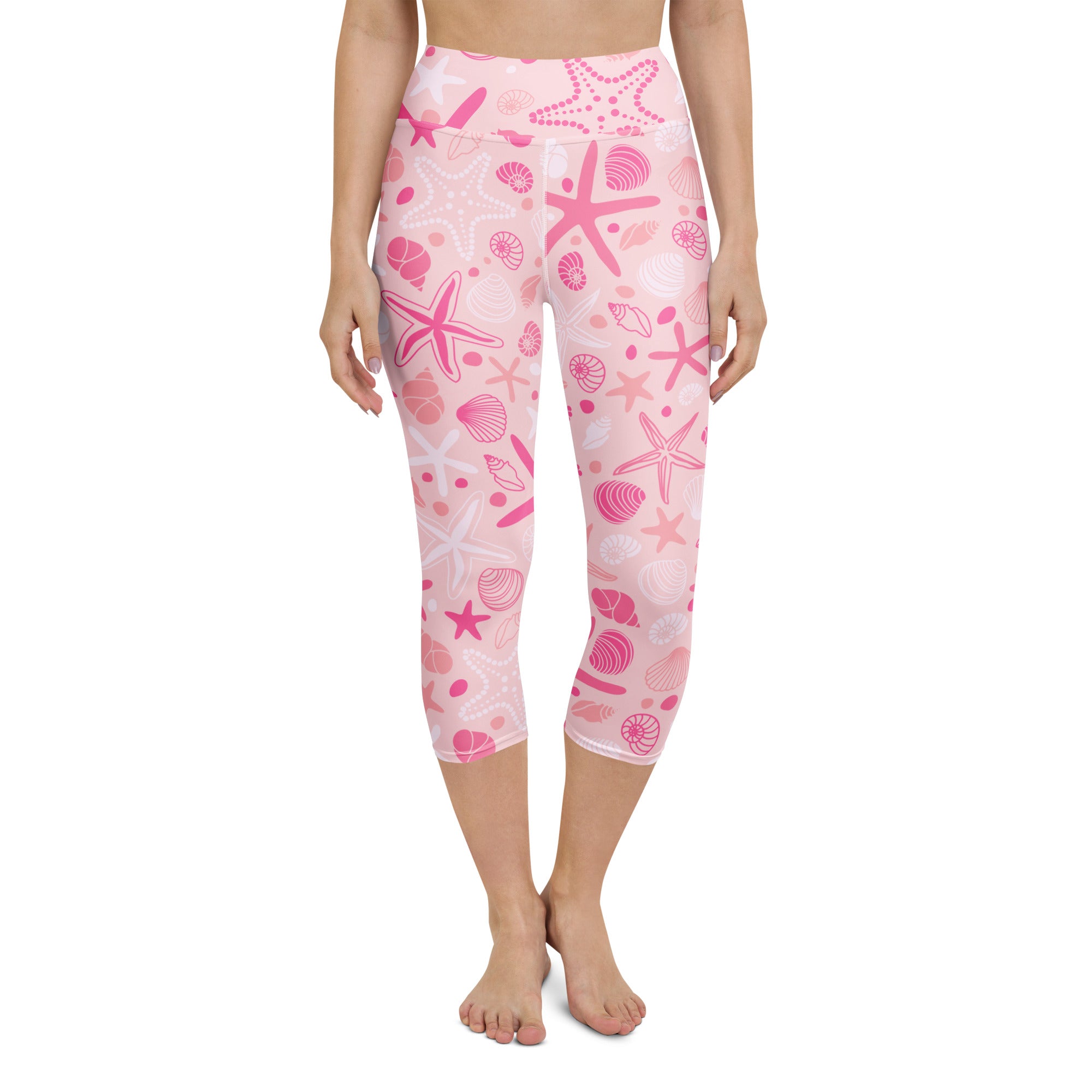 Women’s pink starfish and seashell patterned buttery soft high-rise moisture-wicking yoga capri leggings