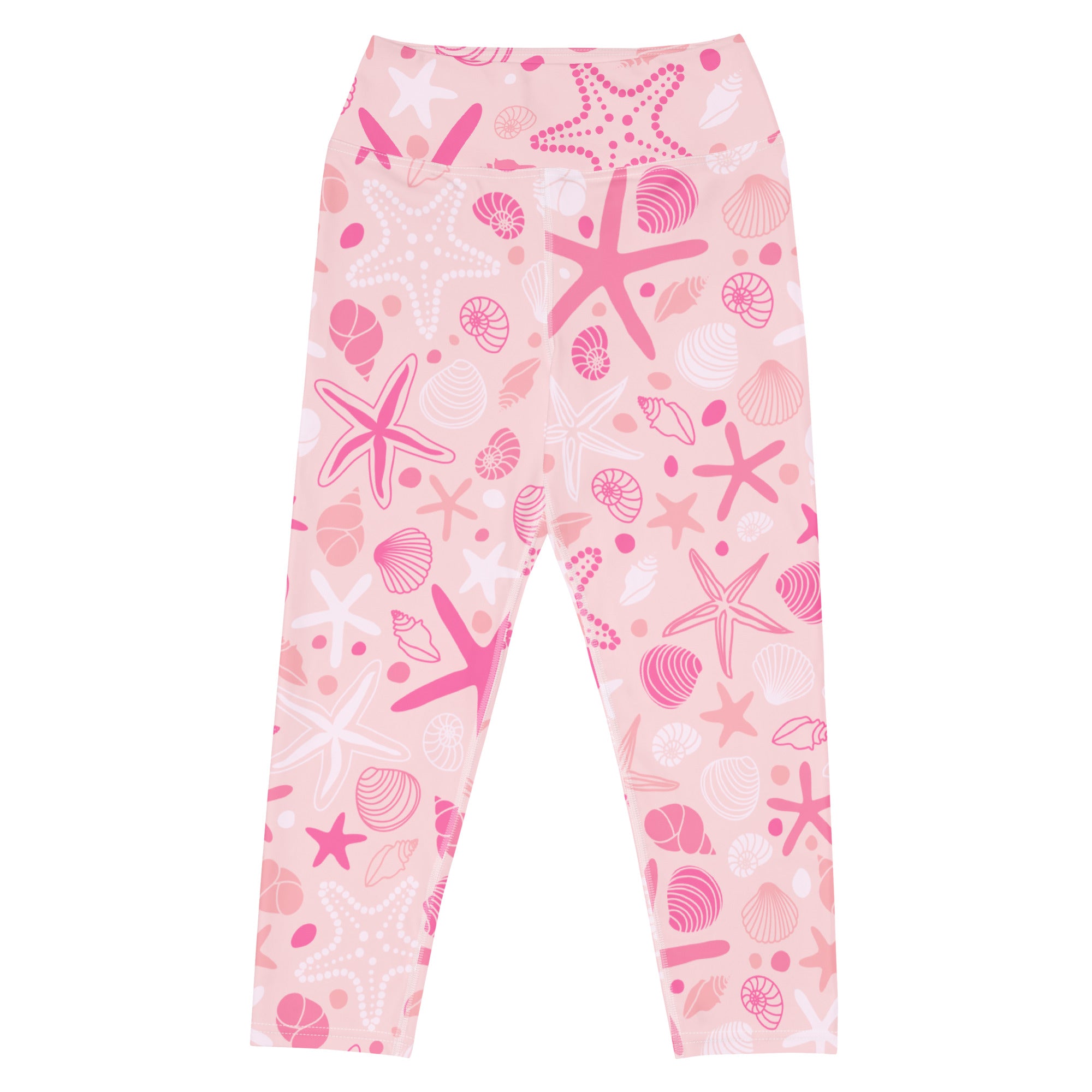 Women’s pink starfish and shells buttery soft high-rise yoga capri leggings with moisture-wicking stretch fabric