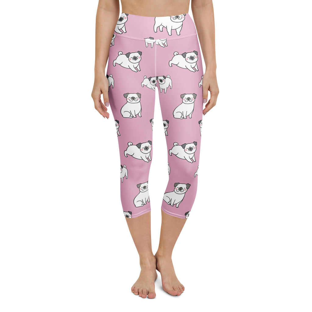 Women’s pink high-rise buttery soft yoga capri leggings with moisture-wicking fabric and white gray cartoon pug pattern