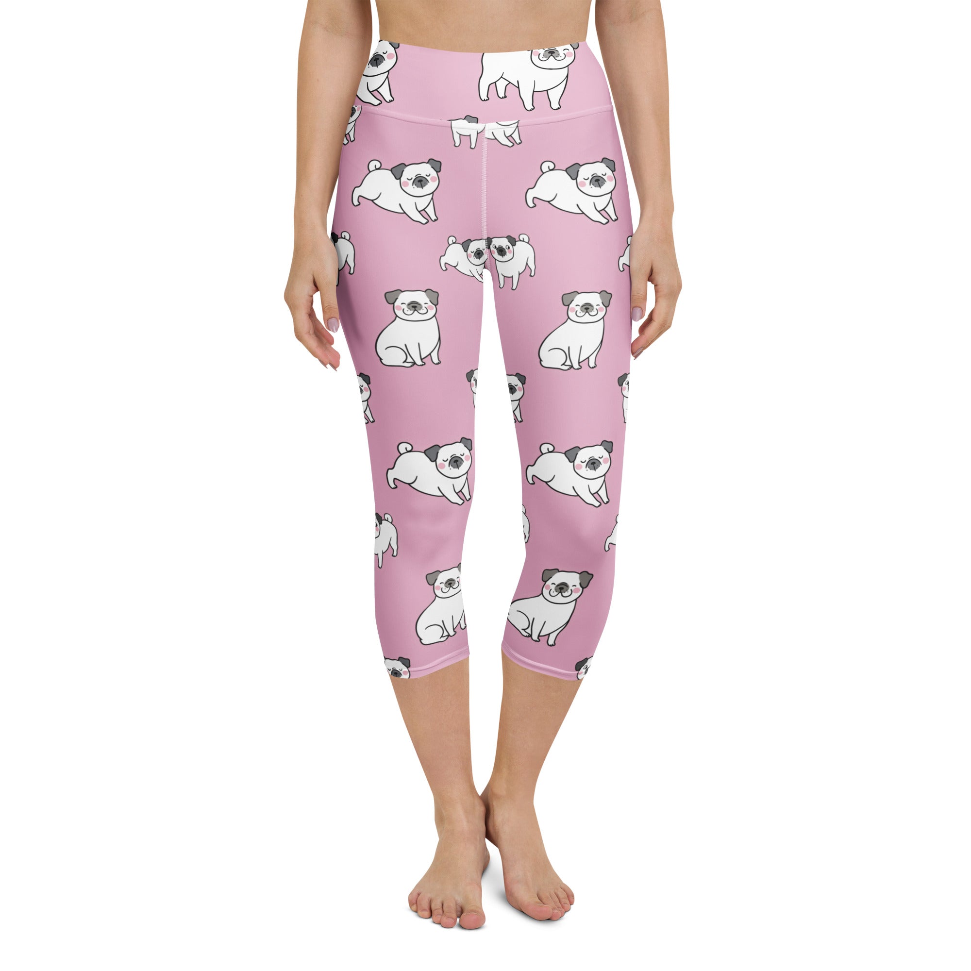 Women’s pink high-rise buttery soft yoga capri leggings with moisture-wicking fabric and white gray cartoon pug pattern