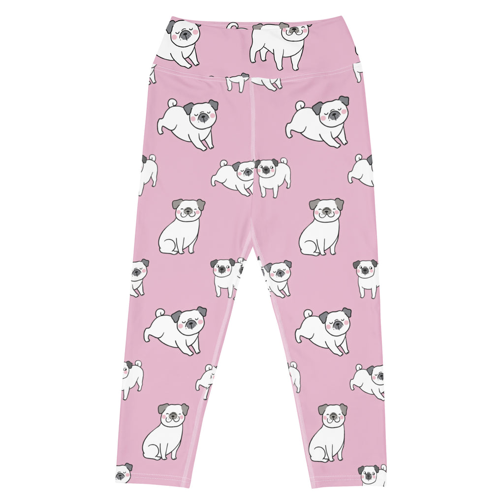 Women’s pink pug buttery soft high-rise yoga capri leggings with white cartoon pug pattern and moisture-wicking fabric