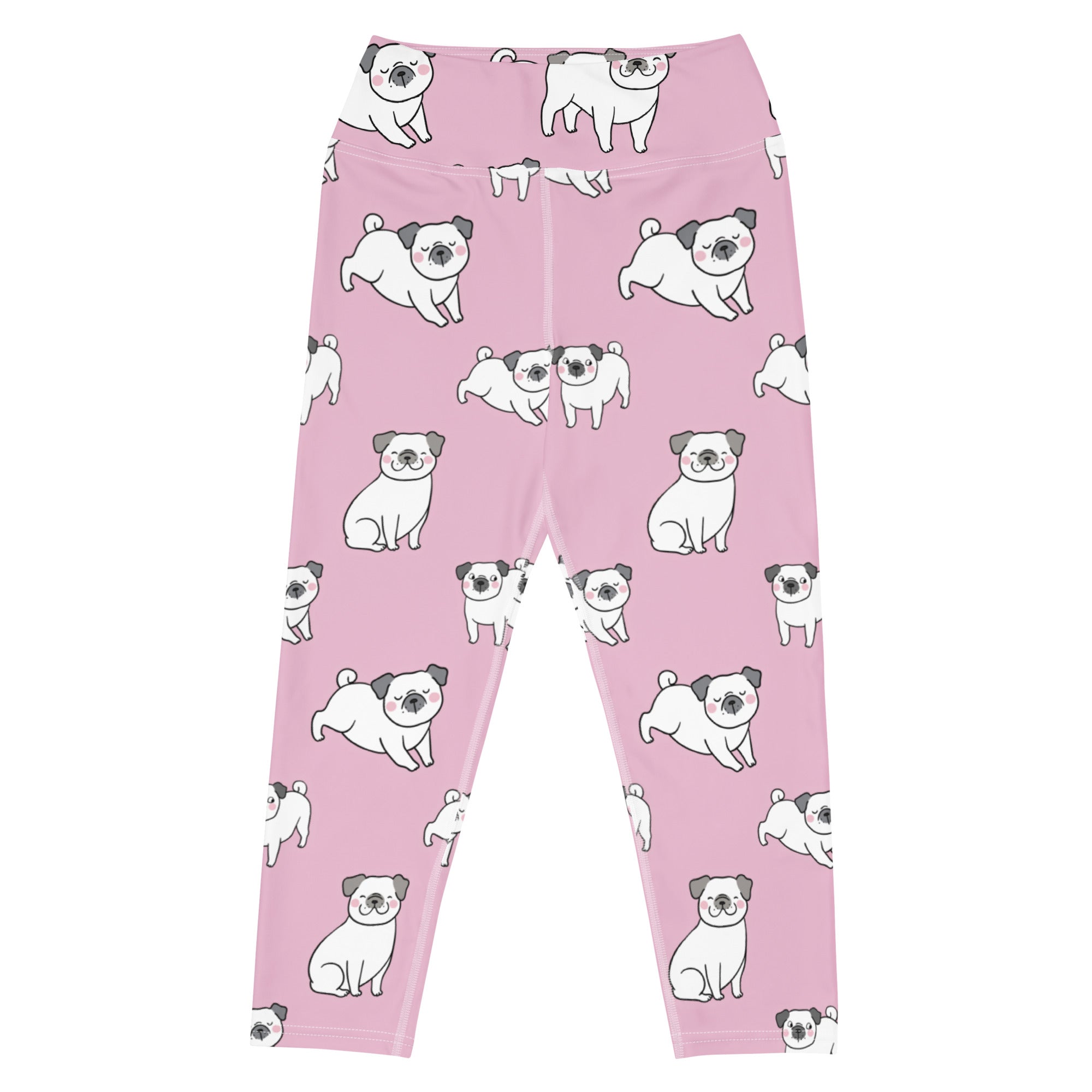 Women’s pink pug buttery soft high-rise yoga capri leggings with white cartoon pug pattern and moisture-wicking fabric