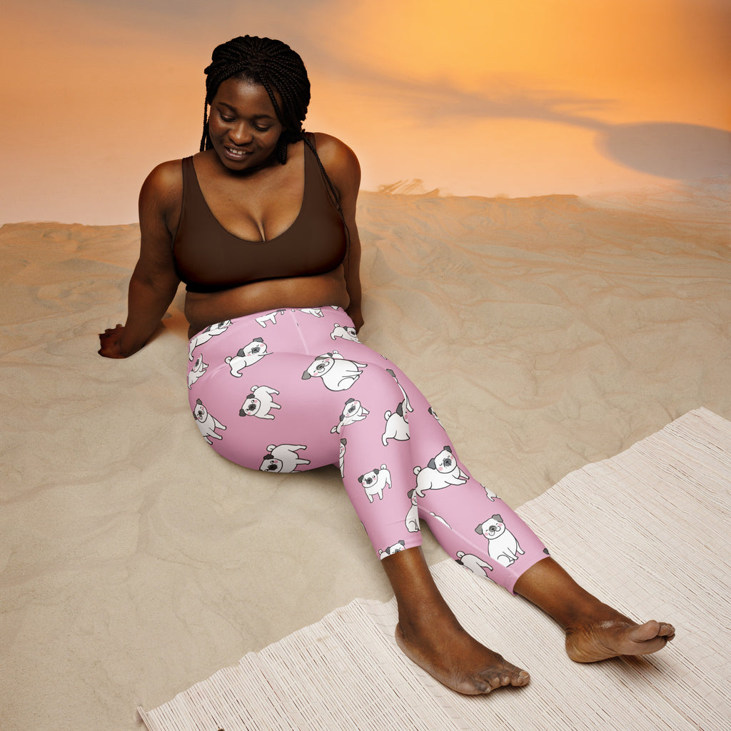 Women’s pink pug buttery soft high-rise yoga capri leggings with white cartoon pugs moisture-wicking stretch