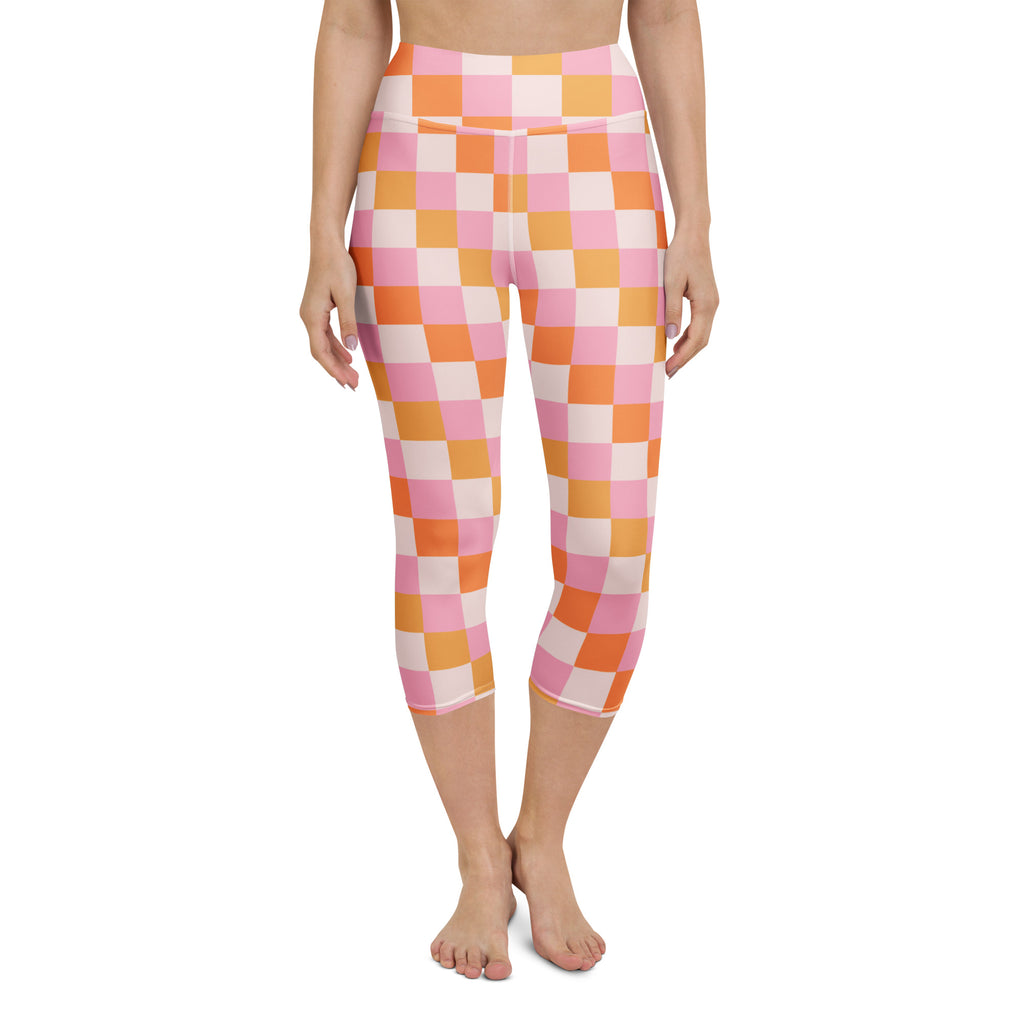 Women’s pink and orange checkerboard buttery soft high-rise moisture-wicking yoga capri leggings