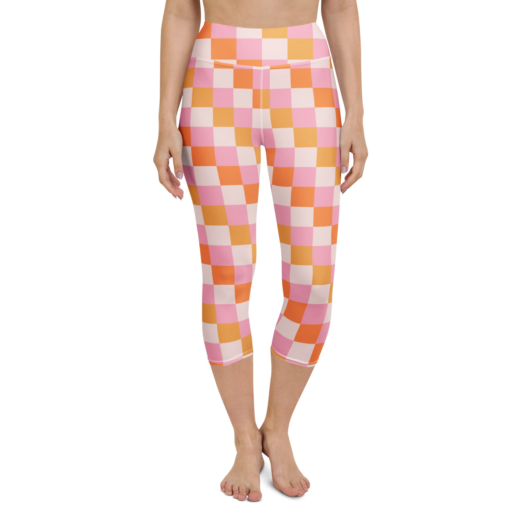 Women’s pink and orange checkerboard buttery soft high-rise moisture-wicking yoga capri leggings