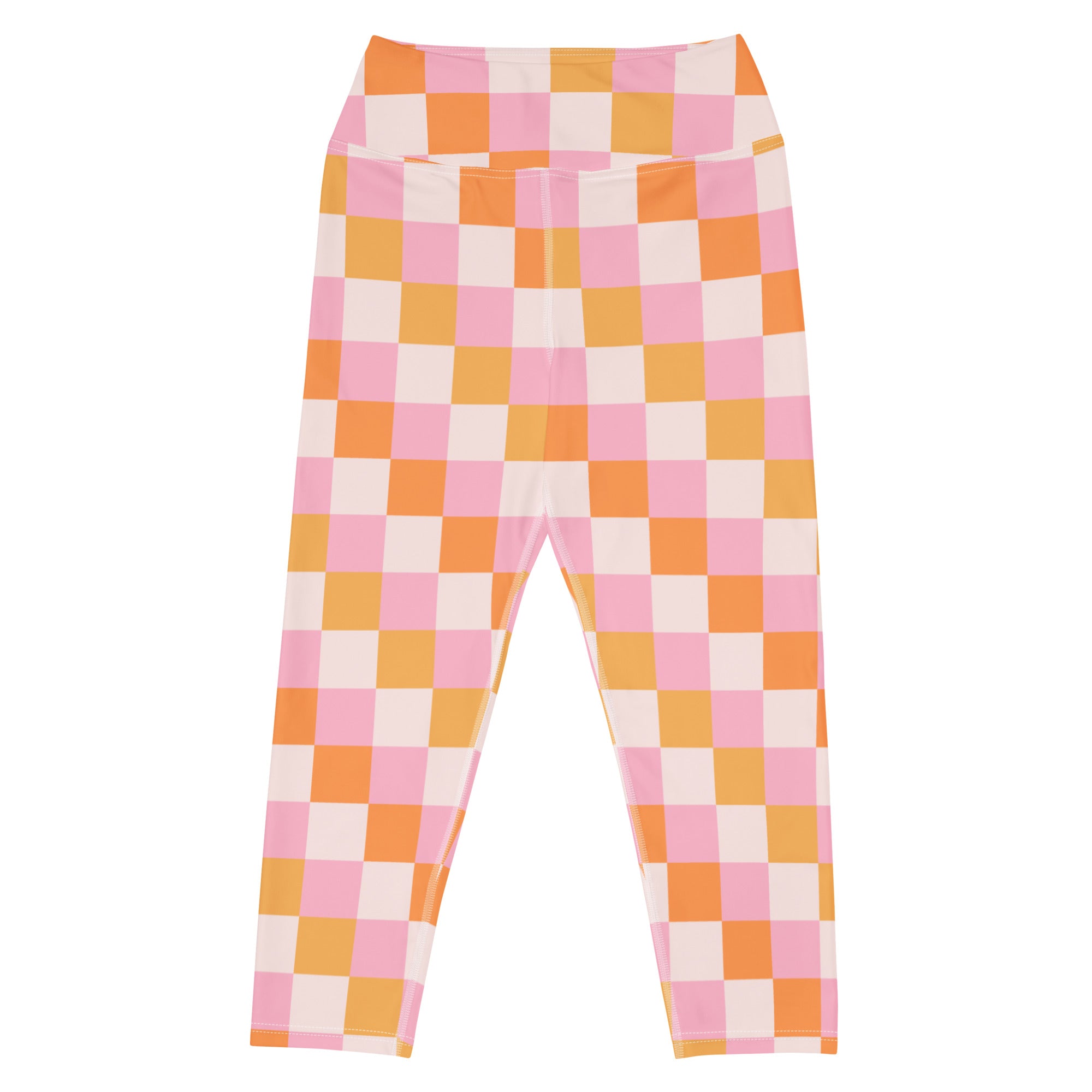 Women’s pink and orange checkerboard buttery soft high-rise yoga capri leggings with moisture-wicking stretch fabric
