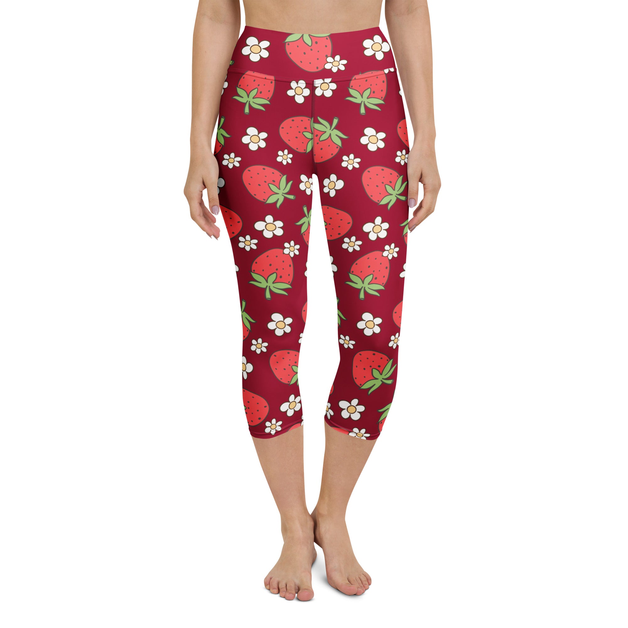 Women’s high-rise red capri leggings with cartoon strawberries and white daisies buttery soft moisture-wicking activewear