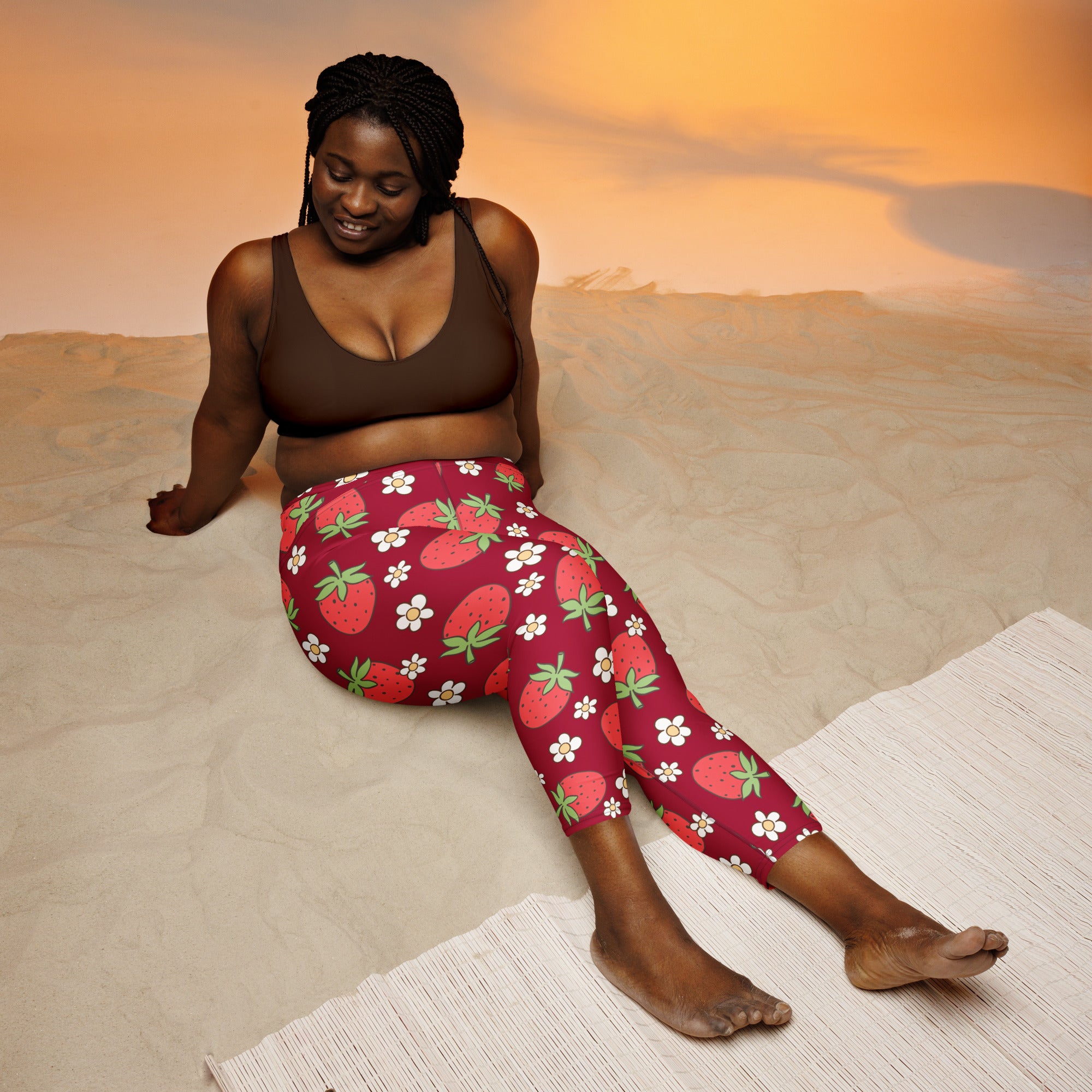 Women’s high-rise buttery soft yoga capri leggings with red strawberry and white daisy pattern moisture-wicking