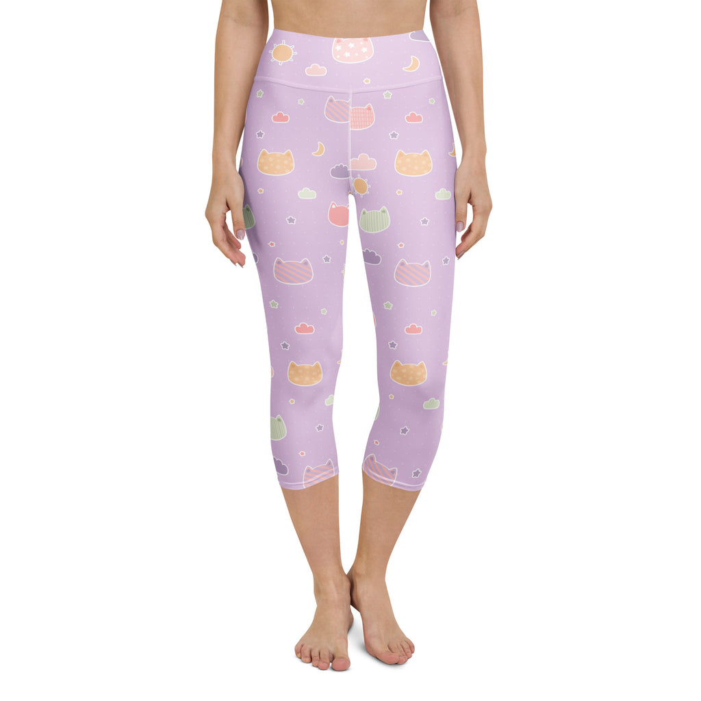Women’s pastel lavender capri leggings with cute cats clouds and moons print high-rise buttery soft moisture-wicking