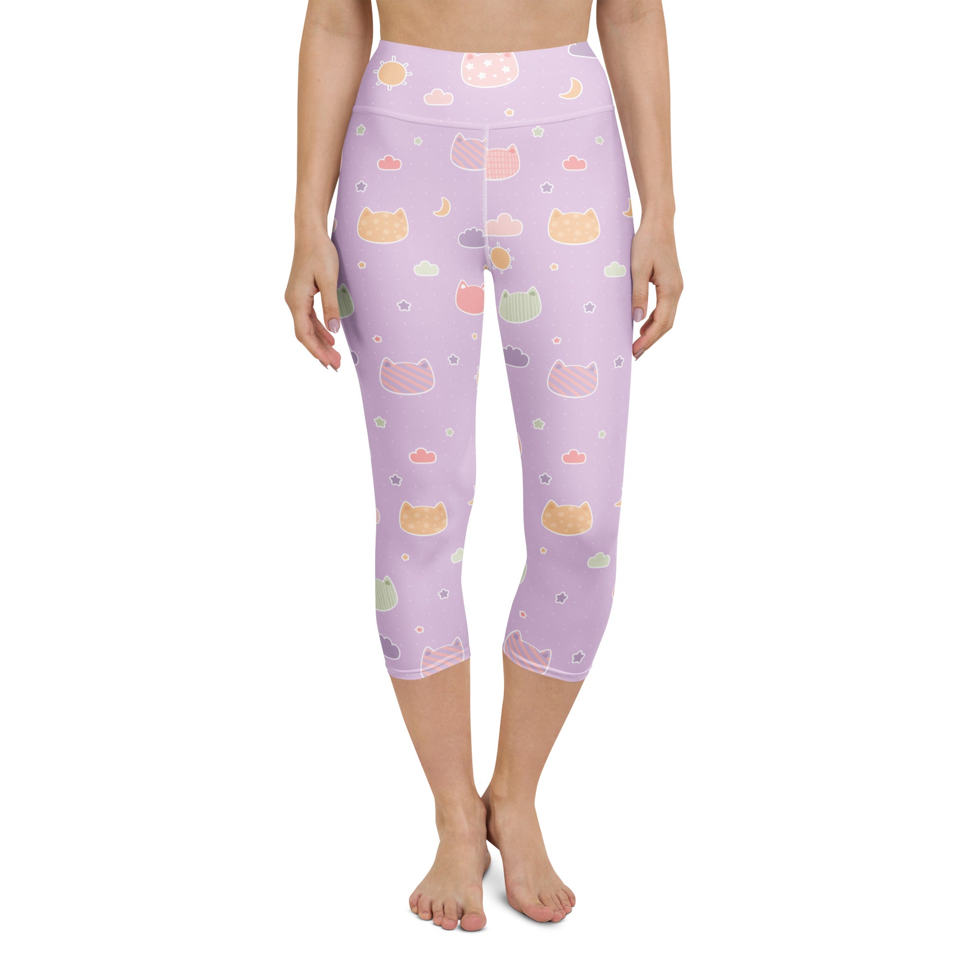 Women’s pastel lavender capri leggings with cute cats clouds and moons print high-rise buttery soft moisture-wicking
