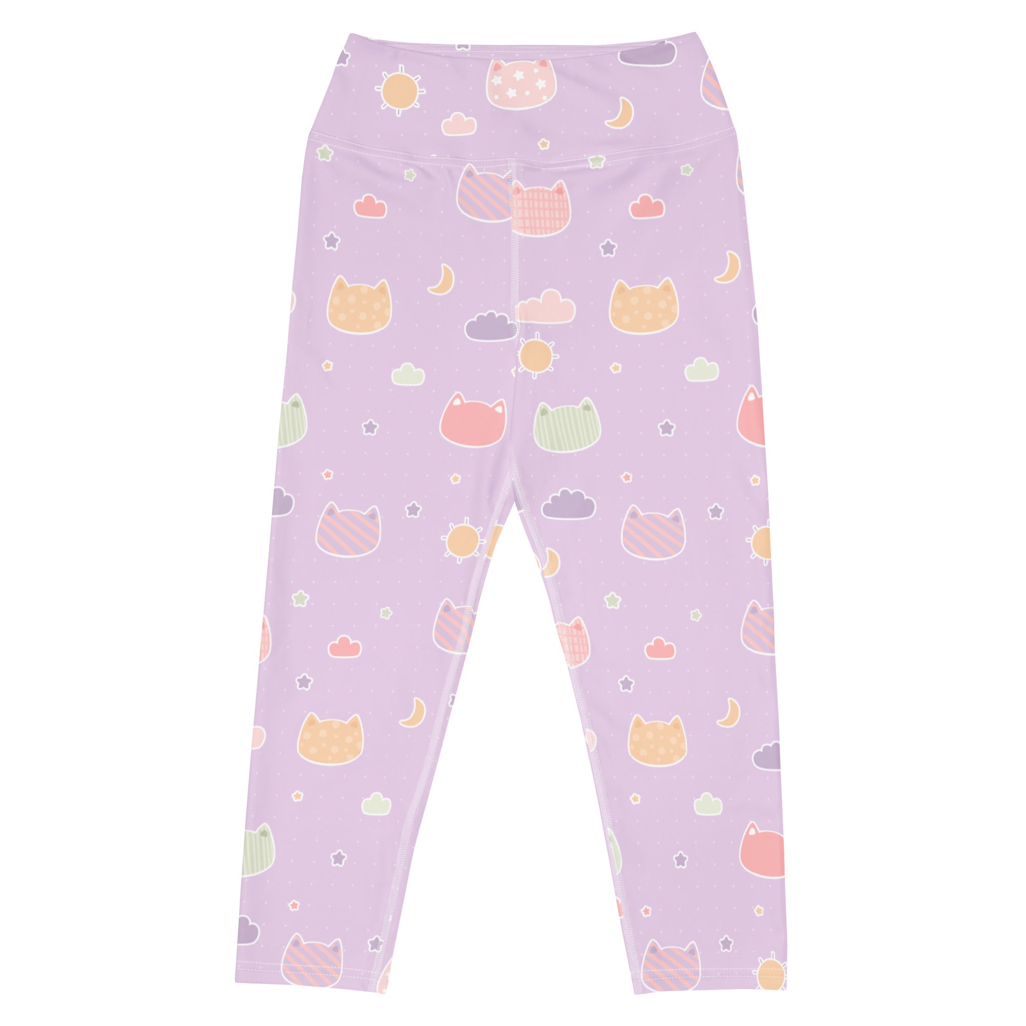 Women’s pastel lavender kawaii cats and clouds buttery soft high-rise moisture-wicking yoga capri leggings