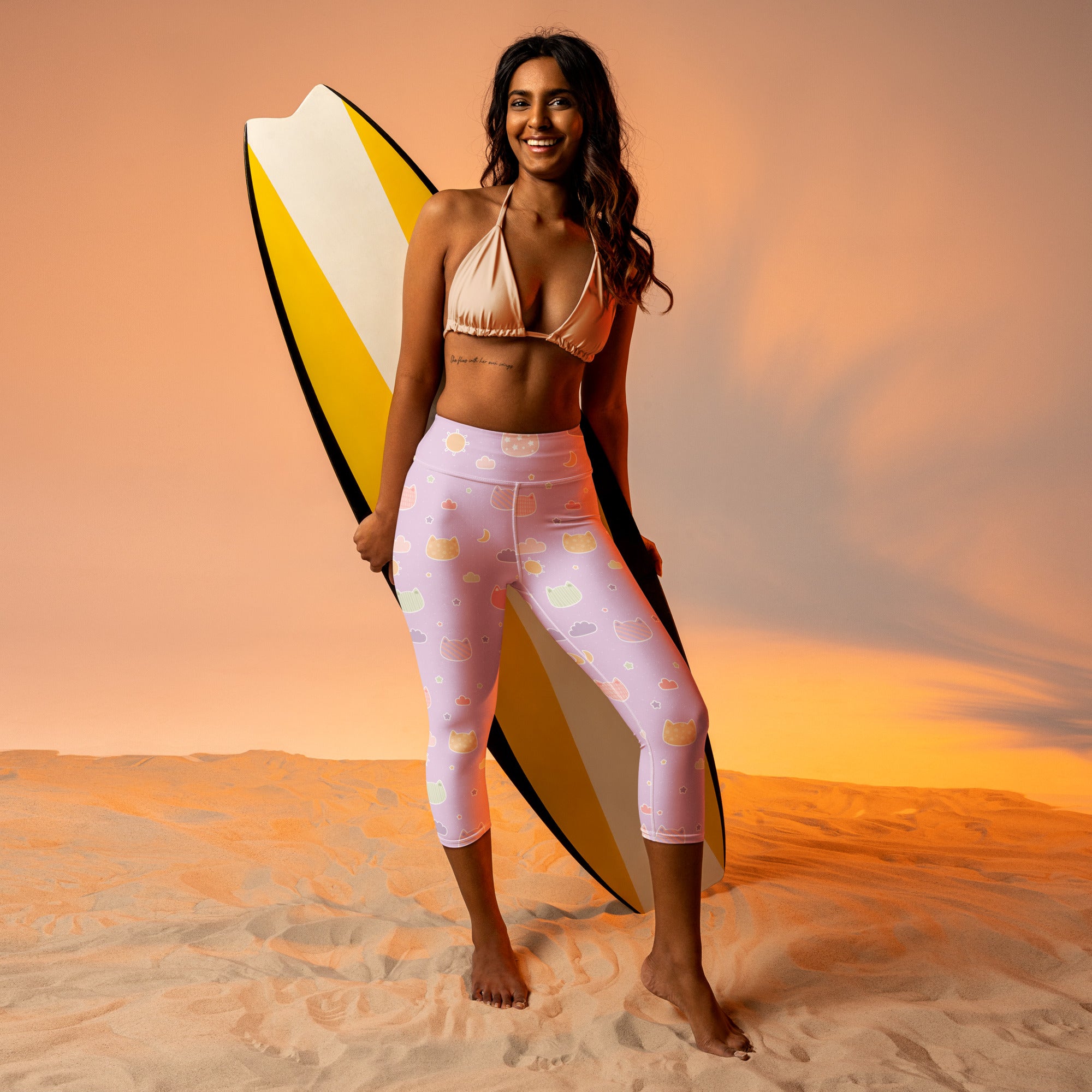 Pink leggings with pastel-colored coffee cups and donuts pattern soft stretch activewear pants for women