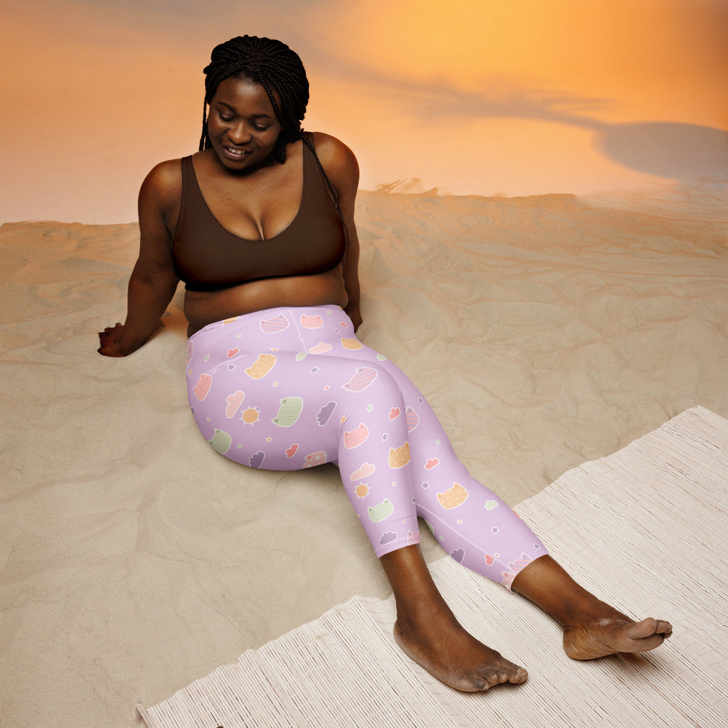 Lavender high-rise yoga capri leggings with pastel kawaii cats and hearts pattern made of buttery soft stretch fabric